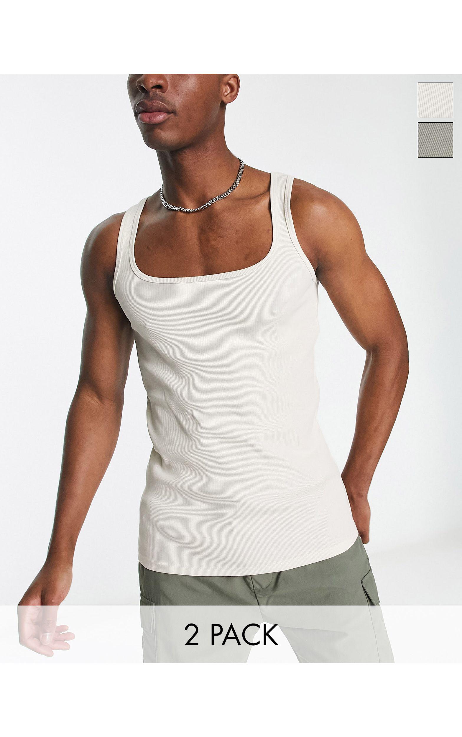 ASOS 2 Pack Muscle Fit Rib Tank Top With Square Neck in White for Men | Lyst
