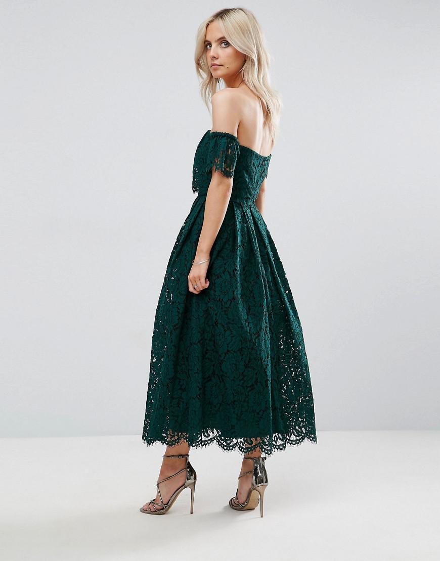 ASOS Off The Shoulder Lace Prom Midi Dress in Green | Lyst