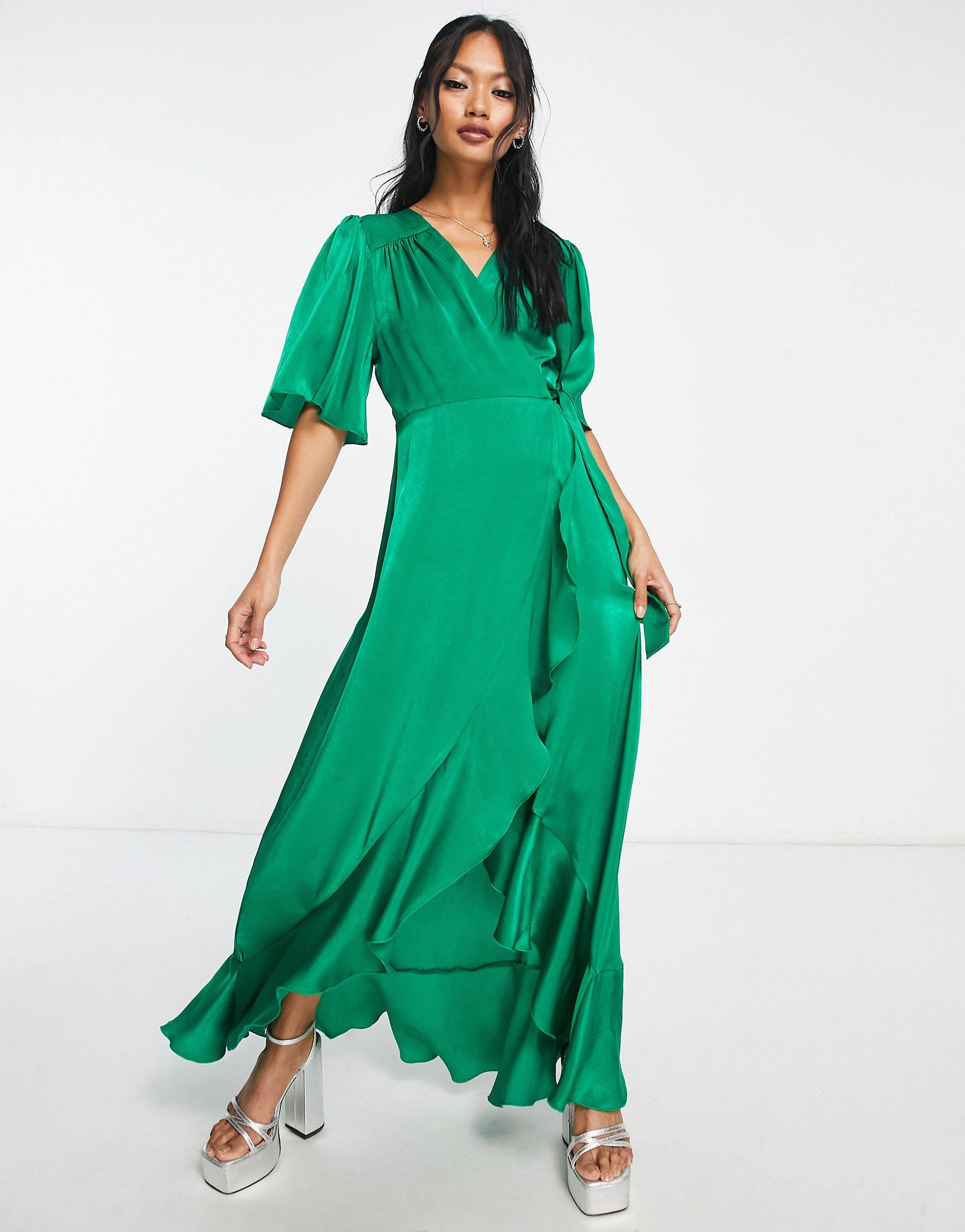 Flounce London Satin Flutter Sleeve Wrap Front Maxi Dress in Green | Lyst