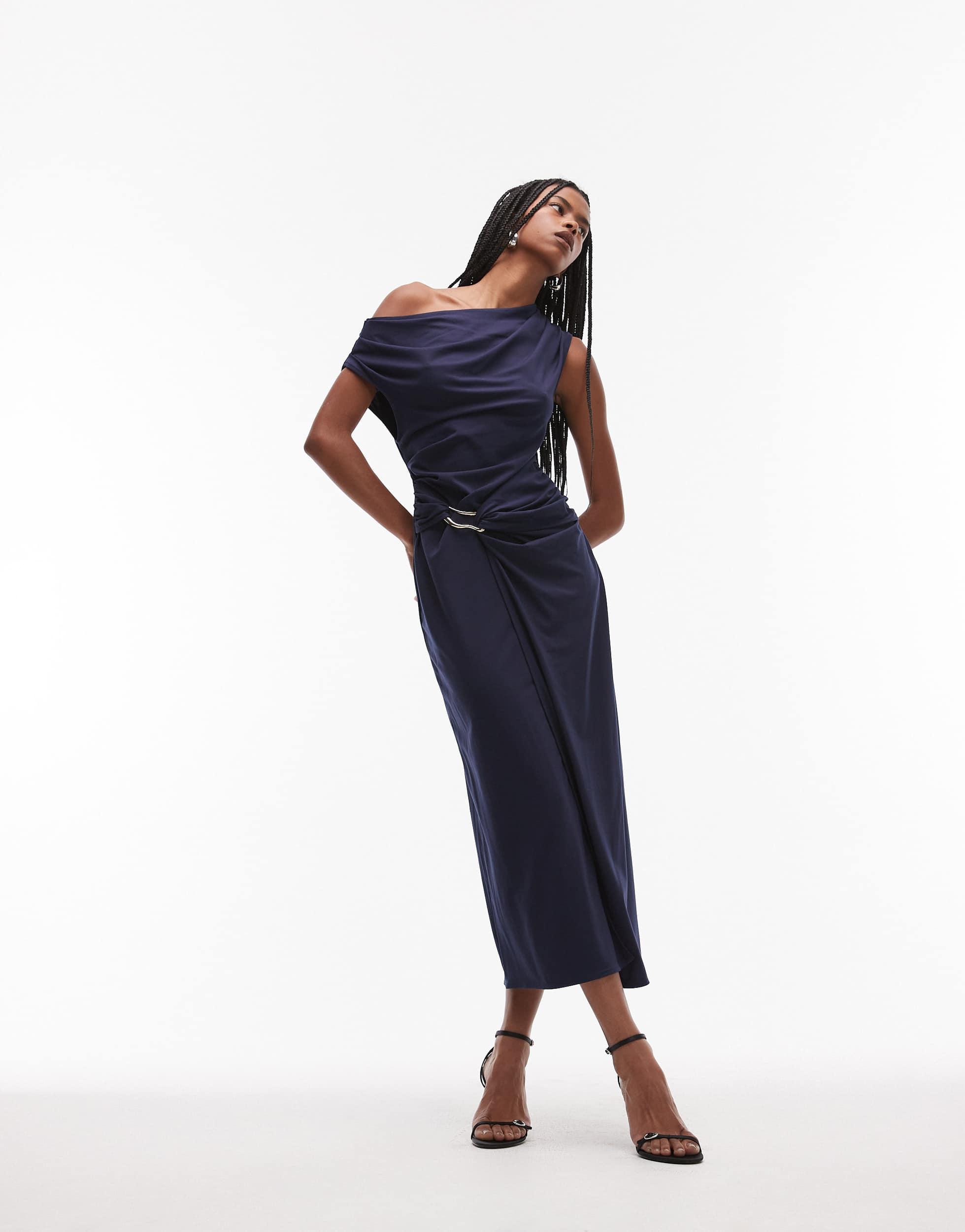 & Other Stories Jersey Midi Dress With Drape Wrap Clasp And Asymmetric Off  Shoulder in Blue | Lyst