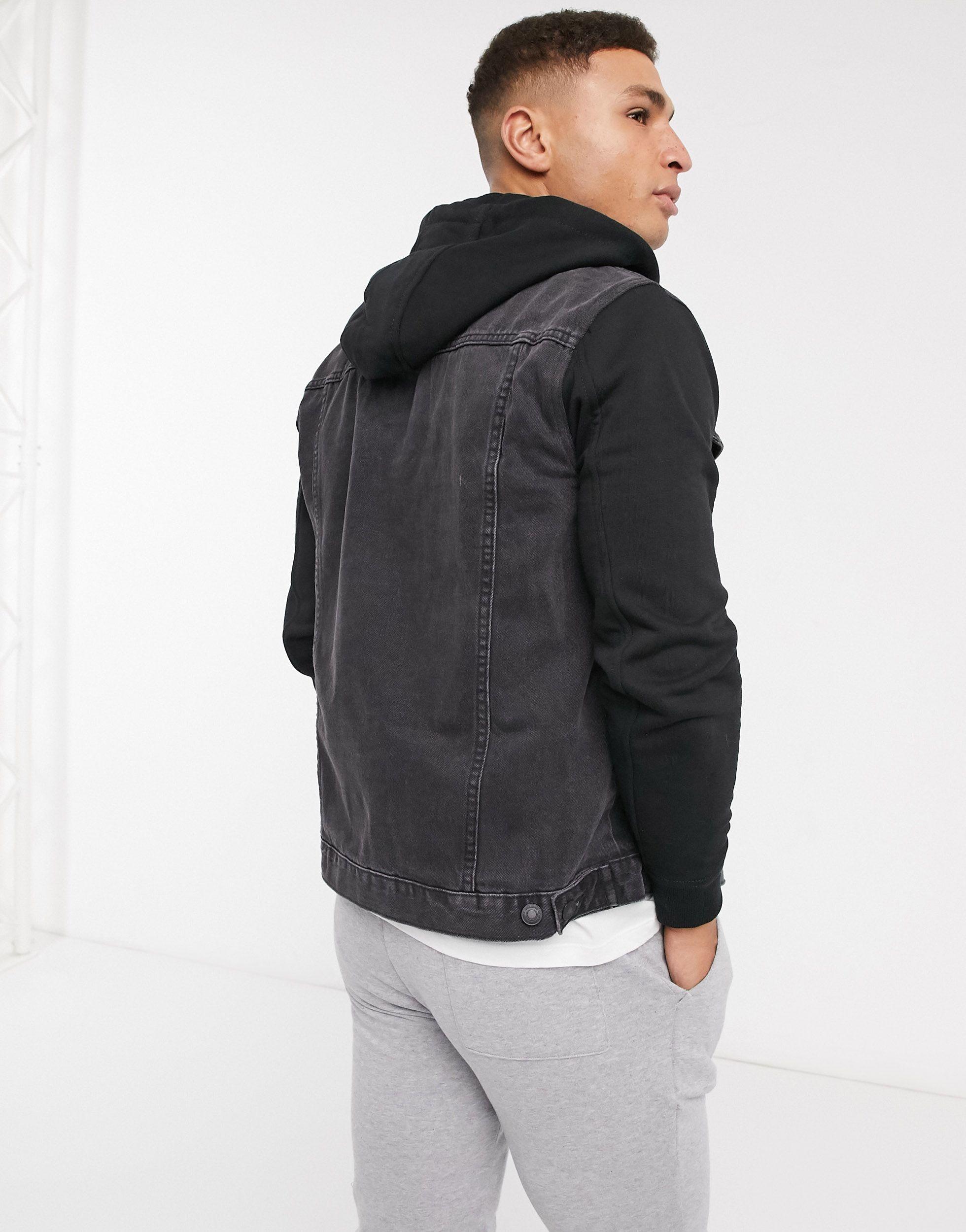Hooded Denim Jacket With Jersey Sleeve 