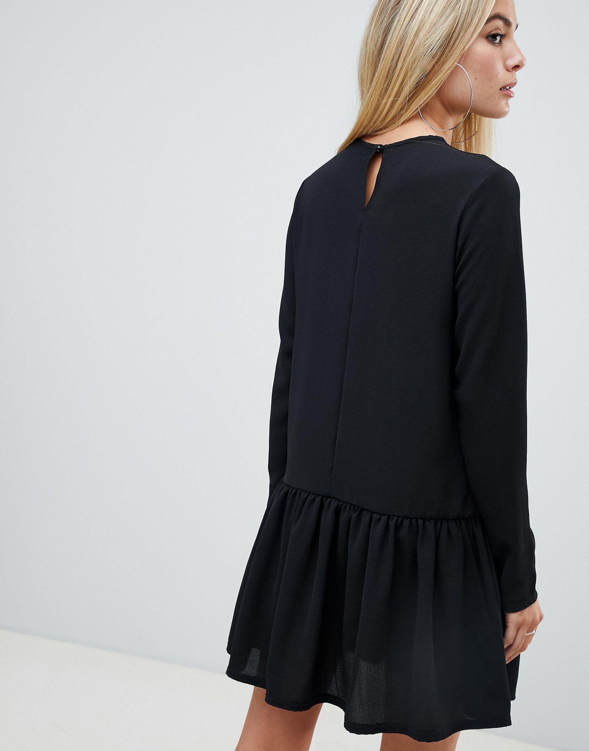 black long sleeve frill hem shift dress