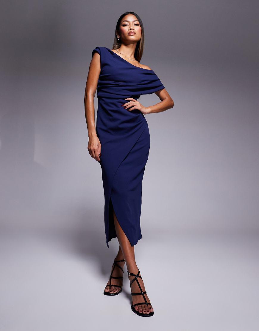river island asymmetric dress River Island Asymmetric Wrap Midi Dress in Blue