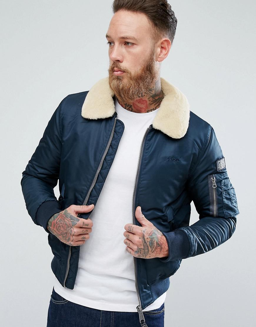 Schott Nyc Pilote Nylon Bomber Jacket Detachable Faux Fur Collar Slim ...