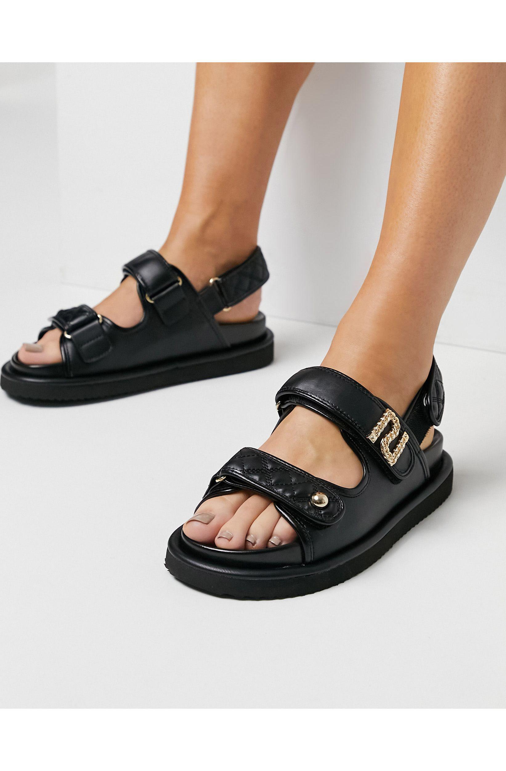 River Island Quilted Sporty Flat Sandal in Black | Lyst