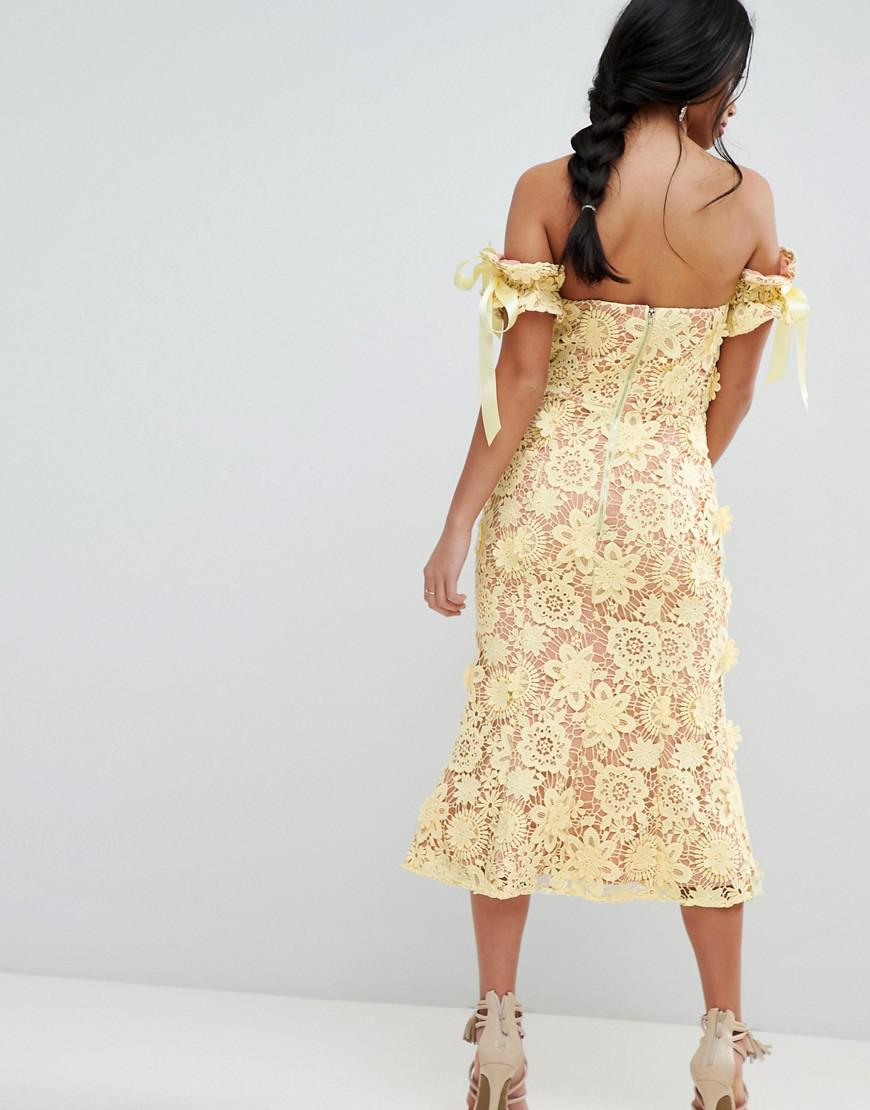 Jarlo All Over Cutwork Lace Bardot Midi Dress With Tie Sleeve Detail in  Yellow - Lyst