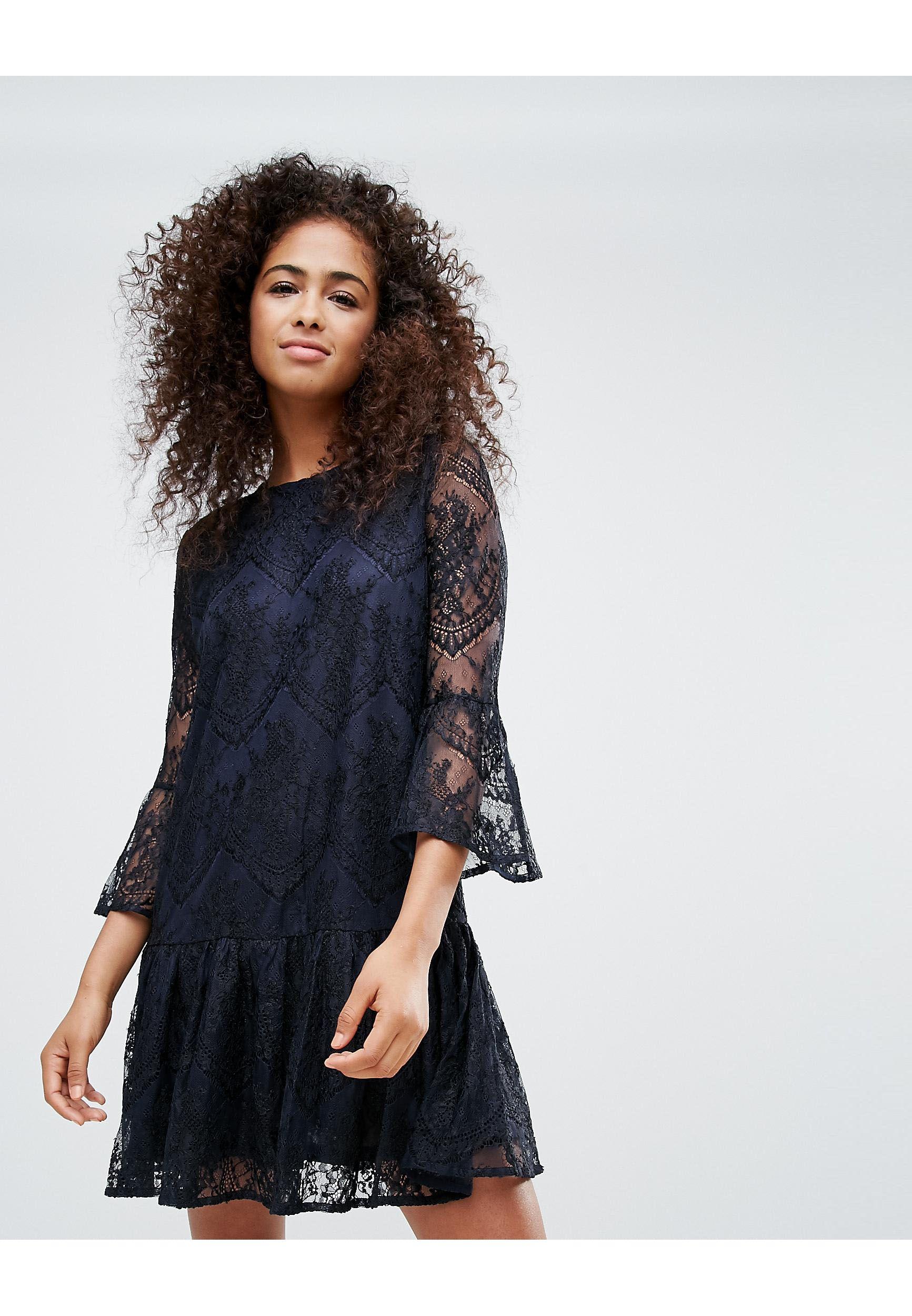 Ganni Larkin Lace Dropped Hem Dress in Navy (Blue) - Lyst