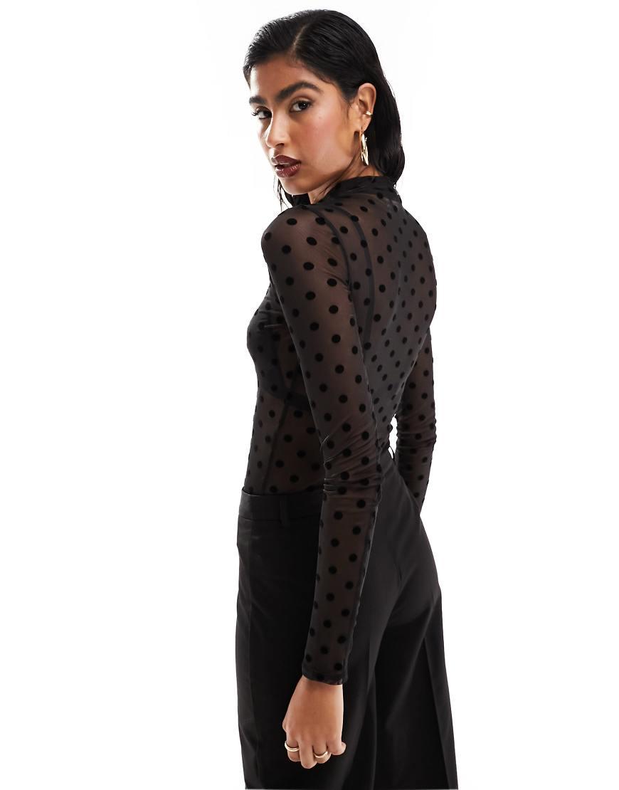 ASOS Mesh Long Sleeve Dobby Polka Dot Flock Bodysuit in Black