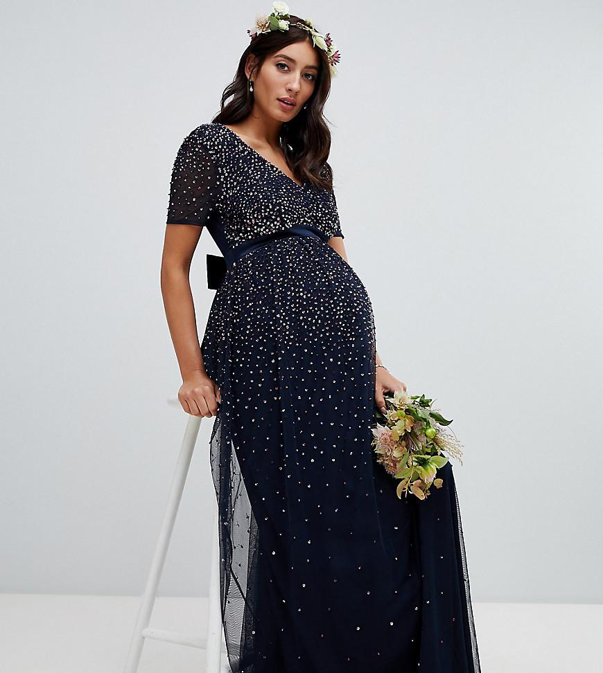 maya v neck maxi tulle dress with contrast tonal delicate sequins in navy