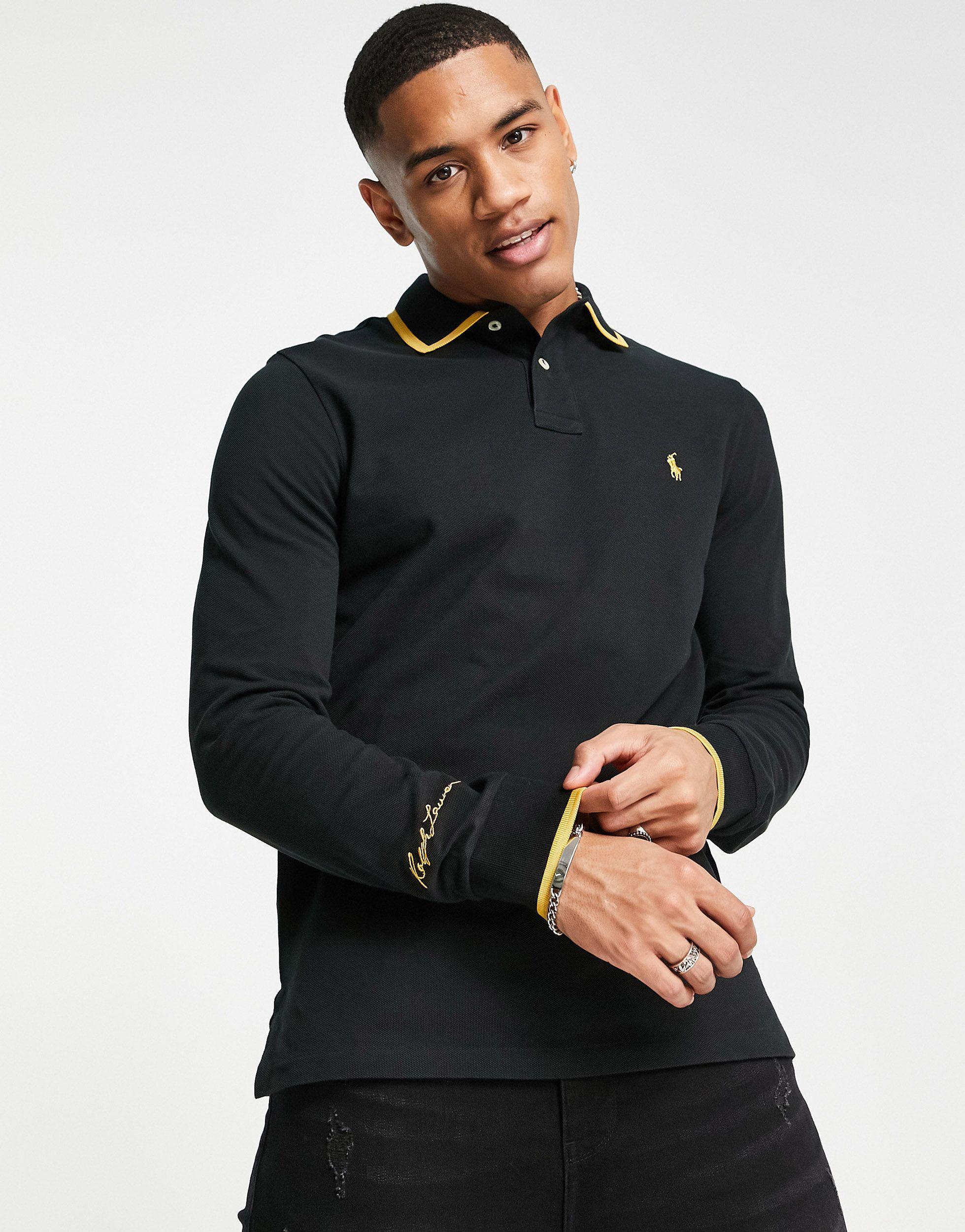 Polo Ralph Lauren Gold Icon Tipped Long Sleeve Pique Polo Custom Fit in  Black for Men
