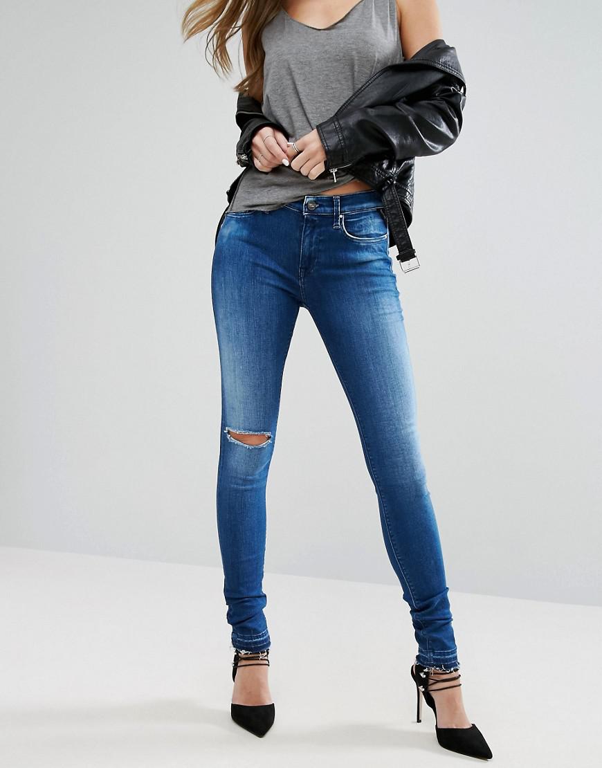 Replay Joi High Rise Skinny Jeans With Released Frayed Hem in Blue | Lyst