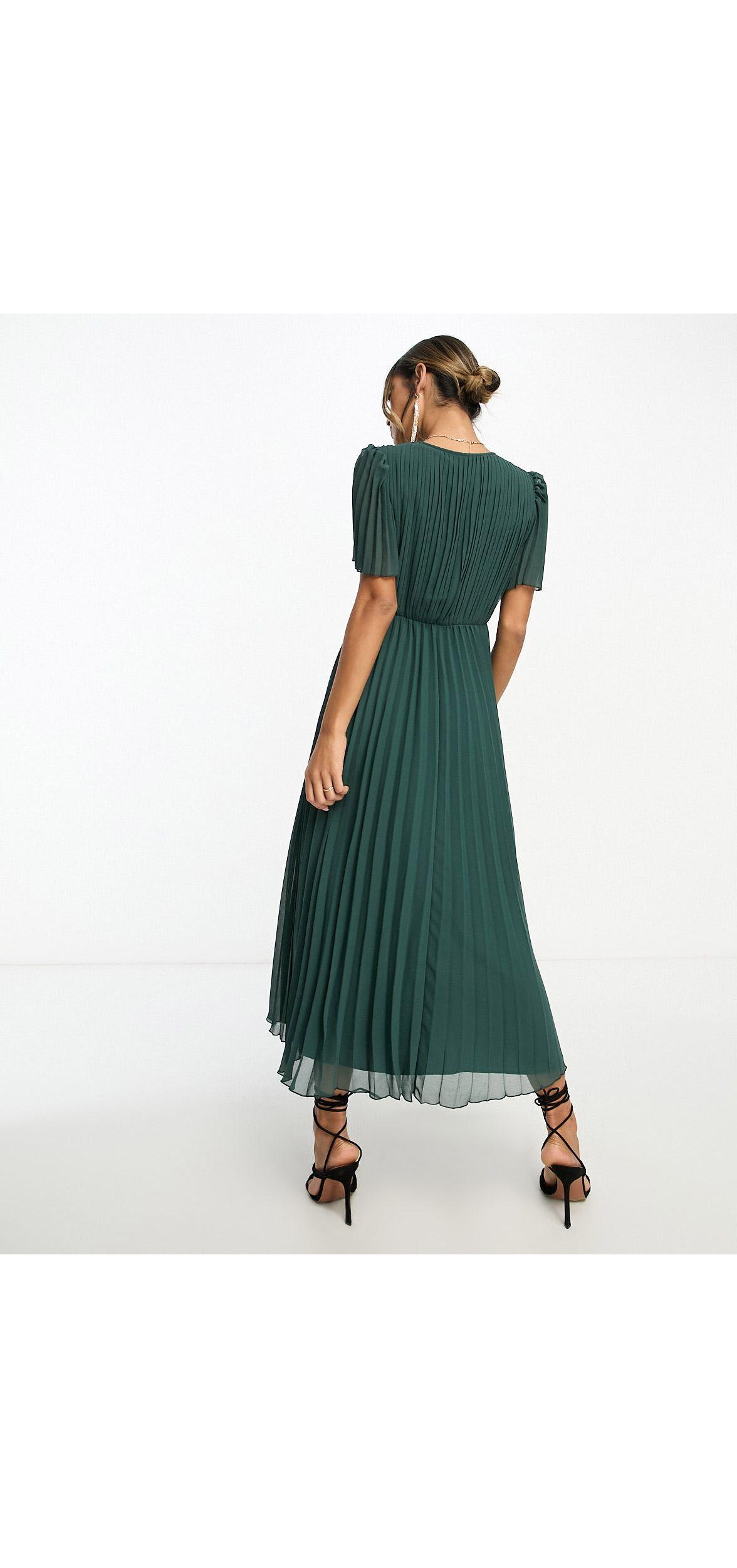 ASOS Pleated Bodice Flutter Sleeve Pleat Midi Dress in Green | Lyst