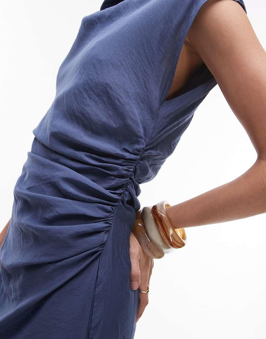 Vestido Midi Petróleo Con Mangas De Casquillo Y Lateral Fruncido