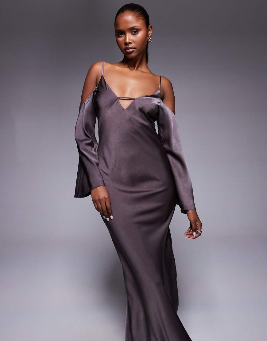 purple silver bridesmaid dresses Long Sleeve Asos Dress ASOS Satin Long Sleeve Fallen Shoulder Cami Maxi Dress In different shades of purple dresses Stretch Satin Color Size:5X-Large L'Academie Sidney Gown in review_rating|4+ Stars