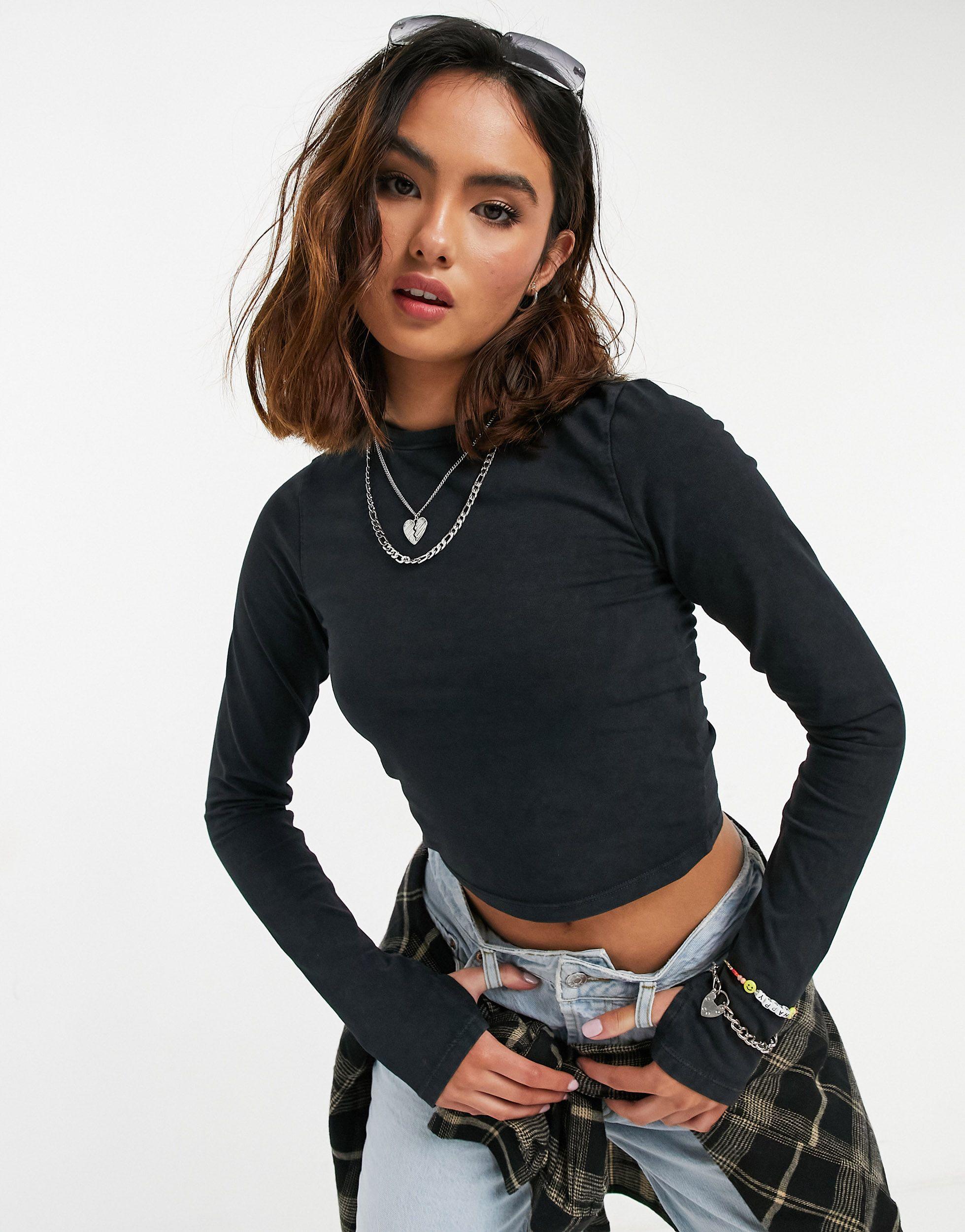 ASOS Long Sleeve Crop Top With Thumb Hole in Gray | Lyst
