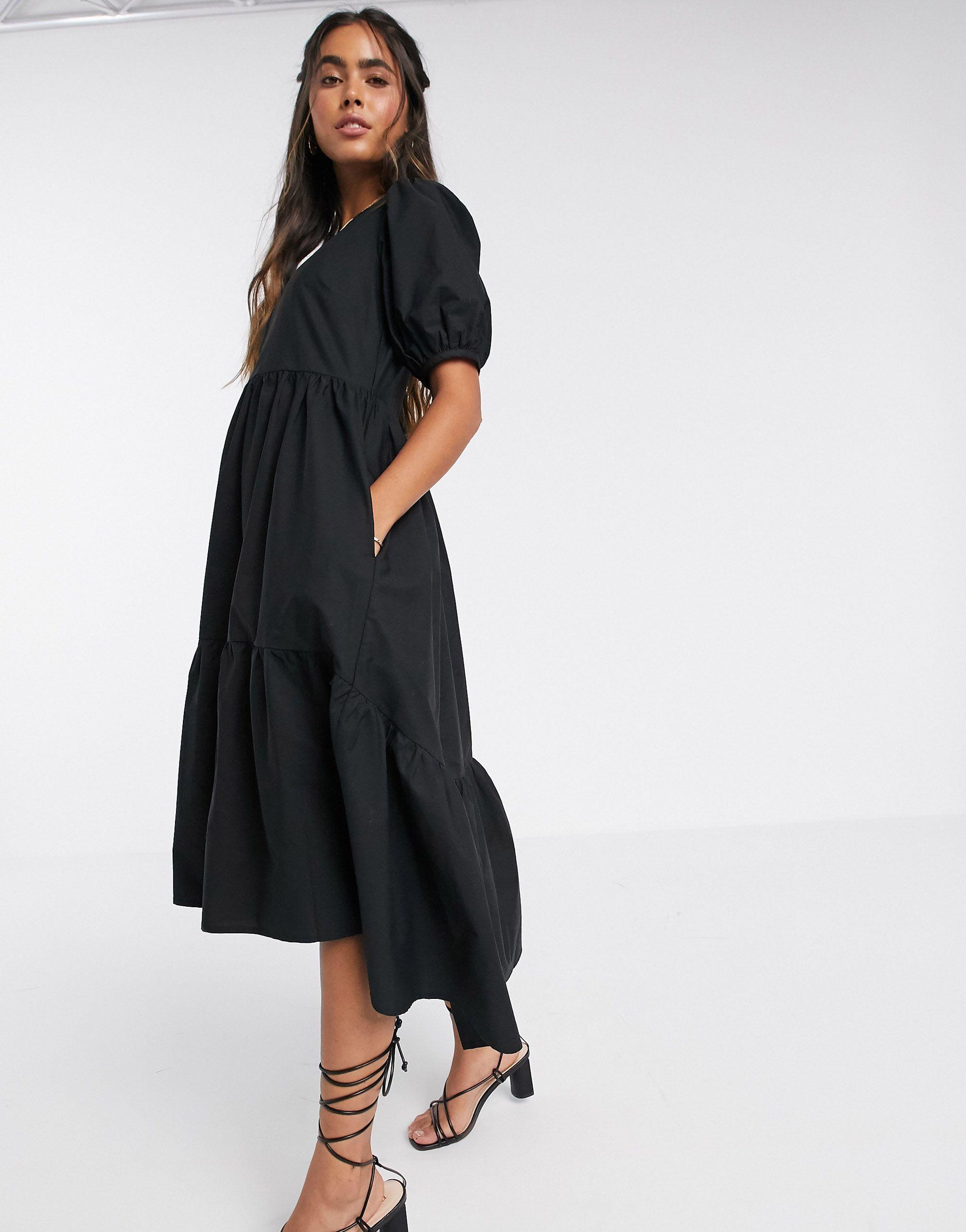 Y.A.S Tiered Midi Smock Dress With Puff Sleeve in Black | Lyst