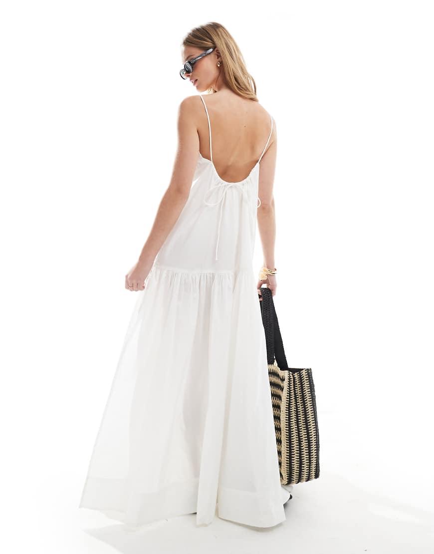 Monki Tiered Floaty Maxi Dress With Low Tie Back Detail in White