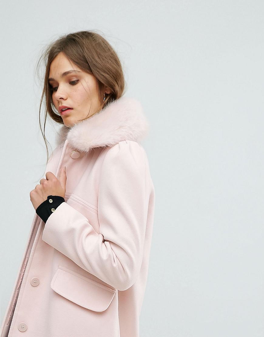 Miss Selfridge Faux Fur Collar Pea Coat | Lyst