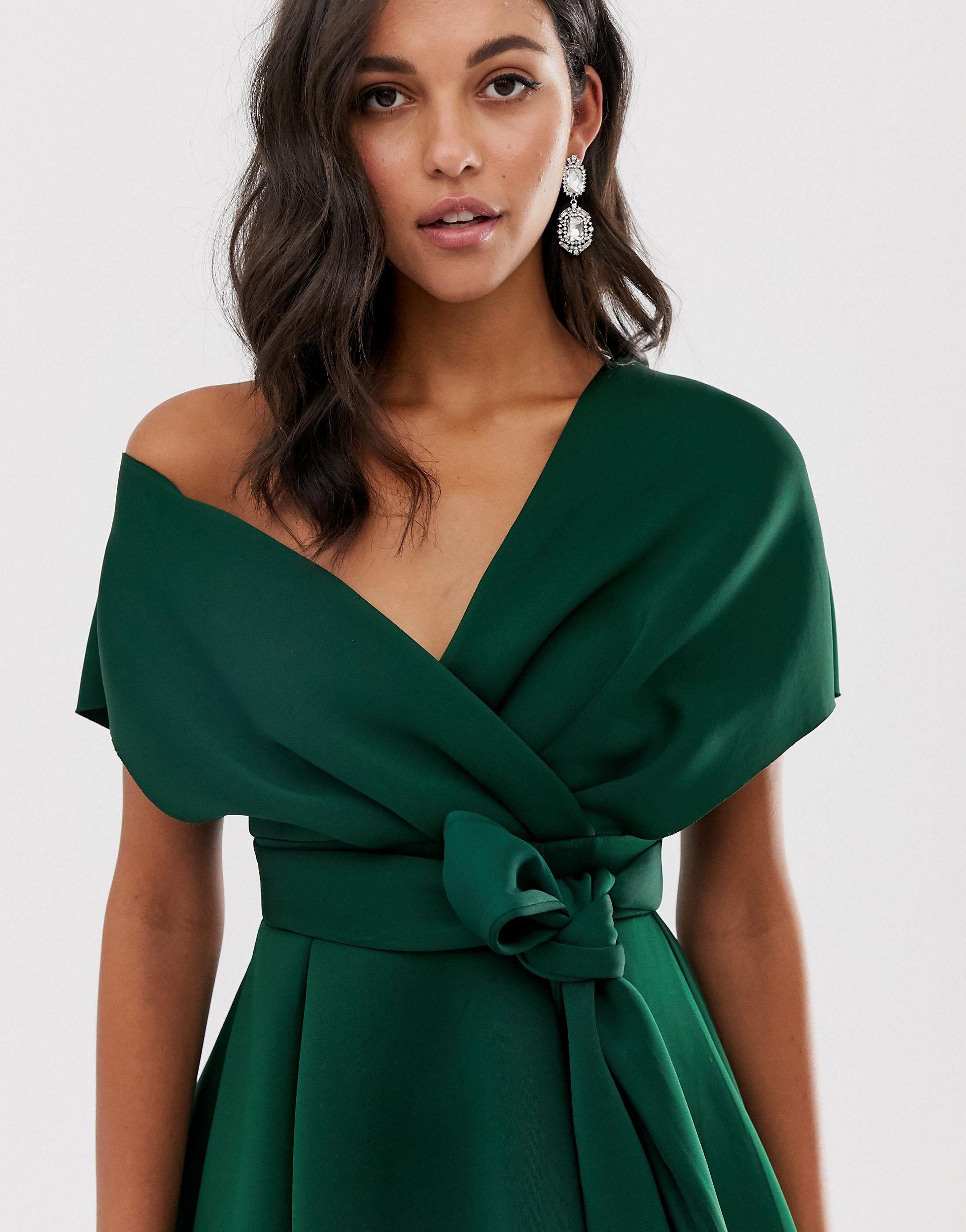 ASOS Fallen Shoulder Midi Prom Dress With Tie Detail in Green Lyst UK