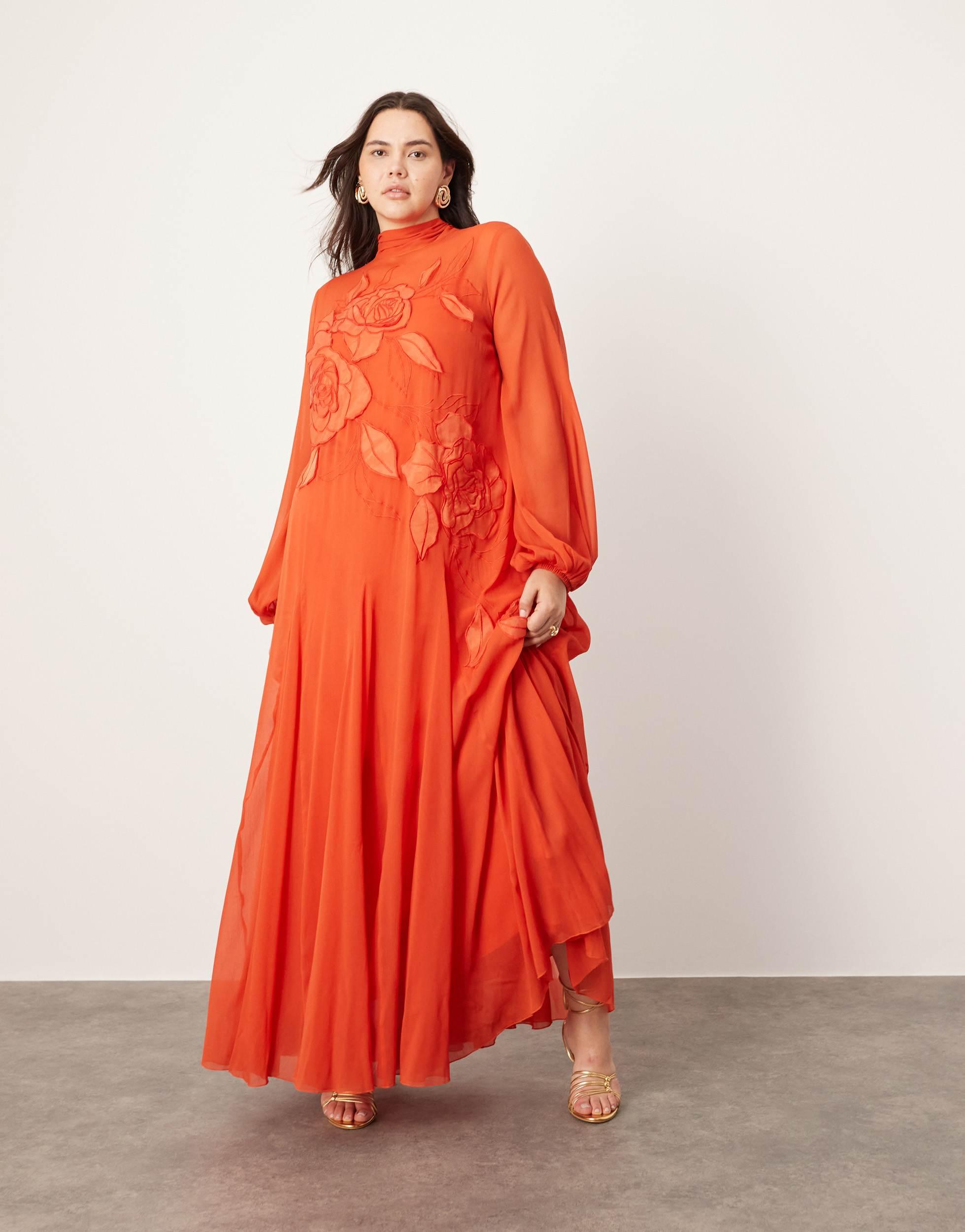 ASOS Curve Applique Floral Tie Neck Blouson Sleeve Trapeze Maxi Dress in  Red | Lyst