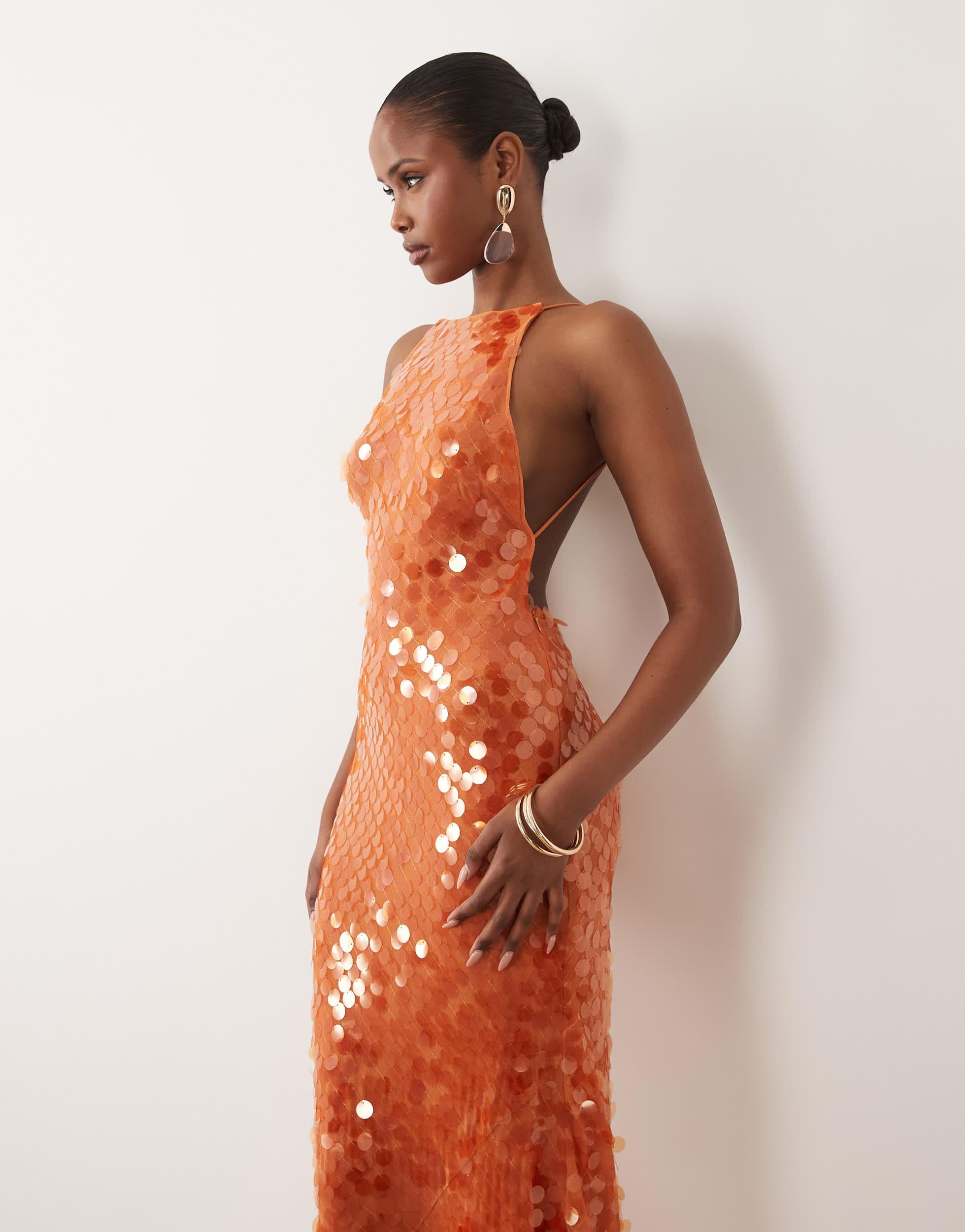 asos orange backless dress ASOS Disc Sequin Strappy Maxi Dress With Open Back Detail in Orange