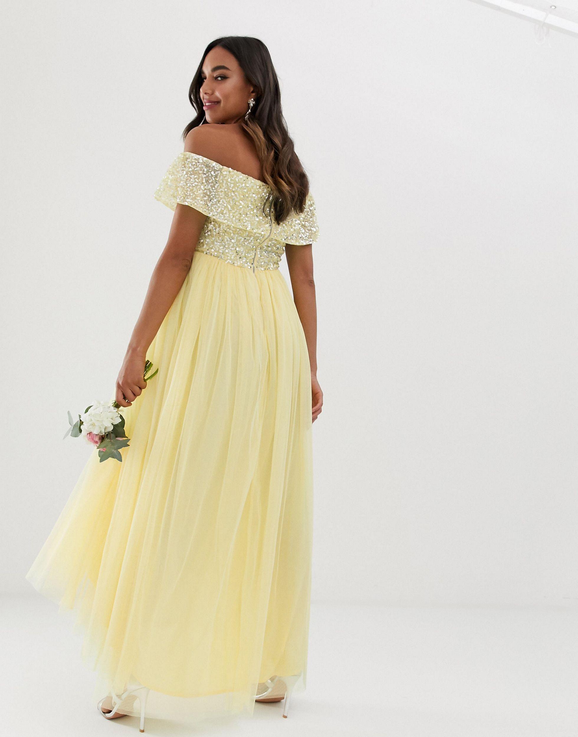 Maya Maternity Bridesmaid Delicate Sequin Bardot High Low Maxi Dress in  Yellow | Lyst