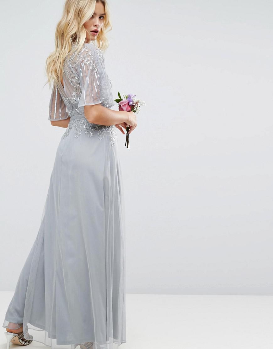 asos design pleated panelled flutter sleeve maxi dress with lace inserts