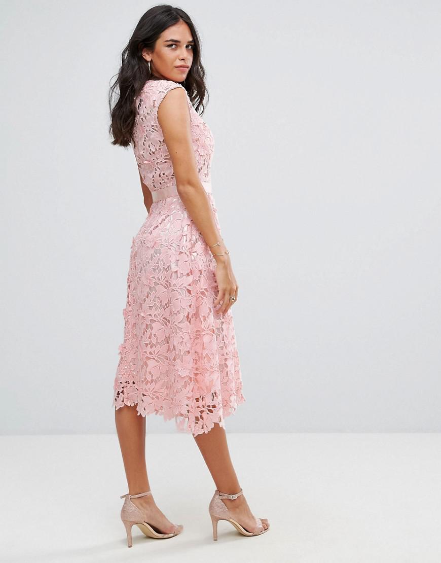 Forever Unique Lace Midi Dress in Pink | Lyst