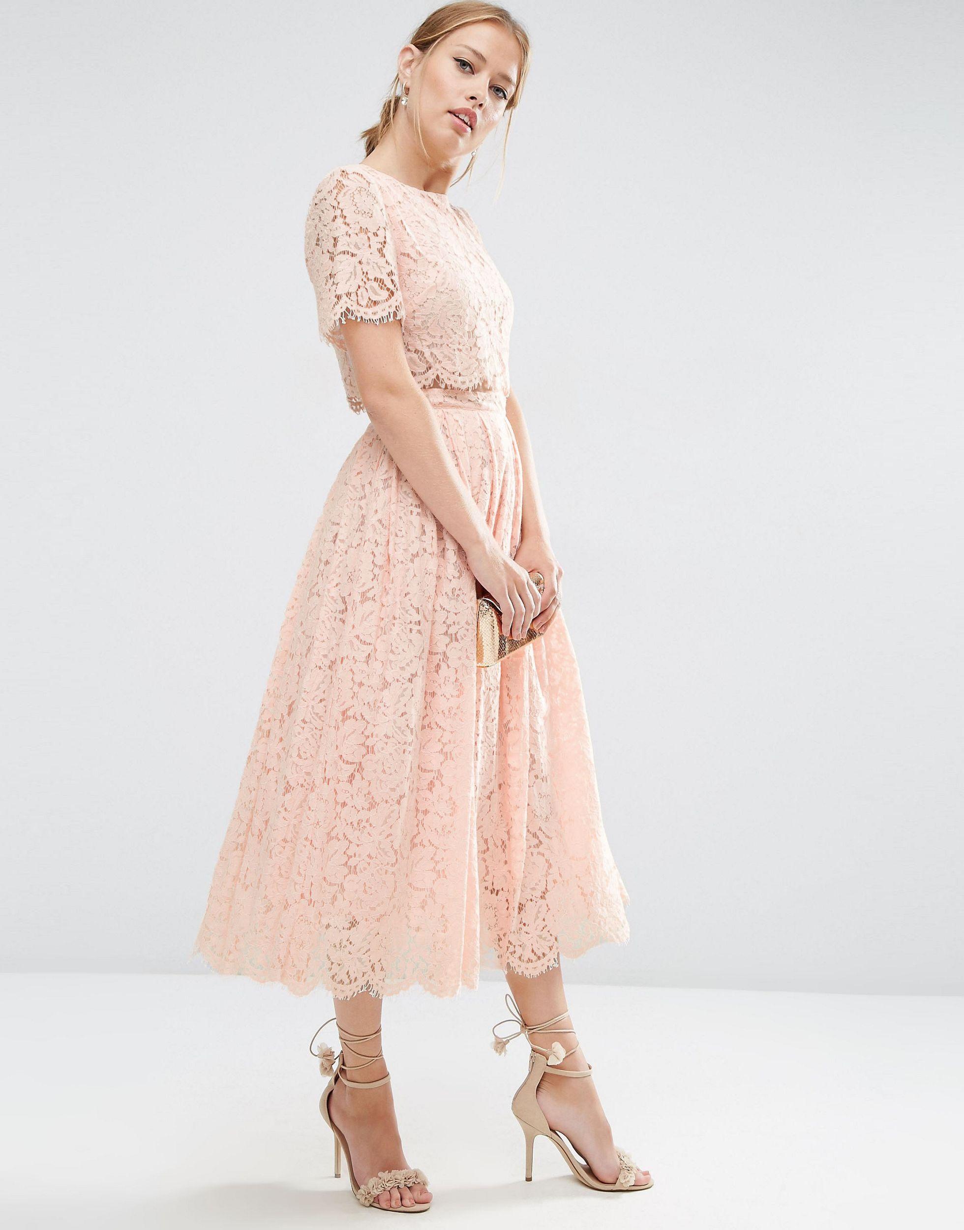 ASOS Asos Lace Crop Top Midi Prom Dress in Pink | Lyst