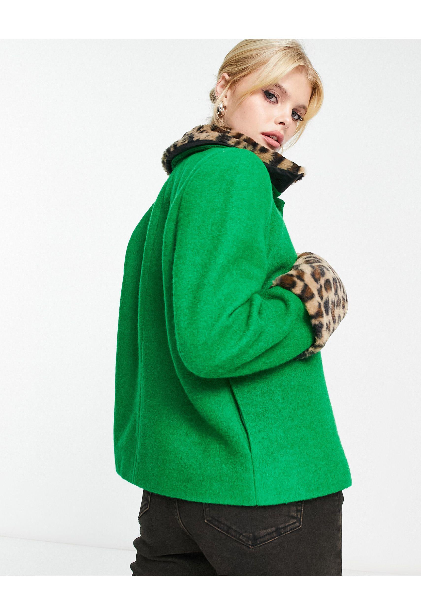 ONLY Tailored Jacket With Leopard Faux Fur Cuffs in Green | Lyst
