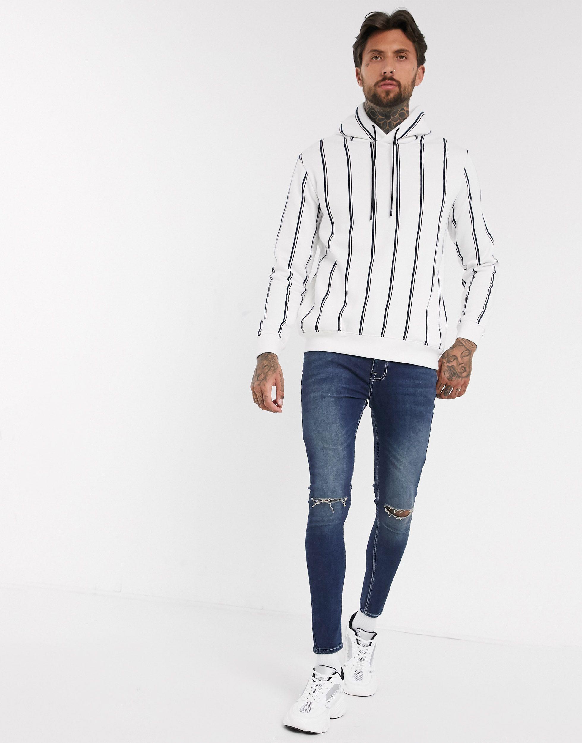 Bershka Cotton Hoodie With Vertical Stripes in White for Men - Lyst