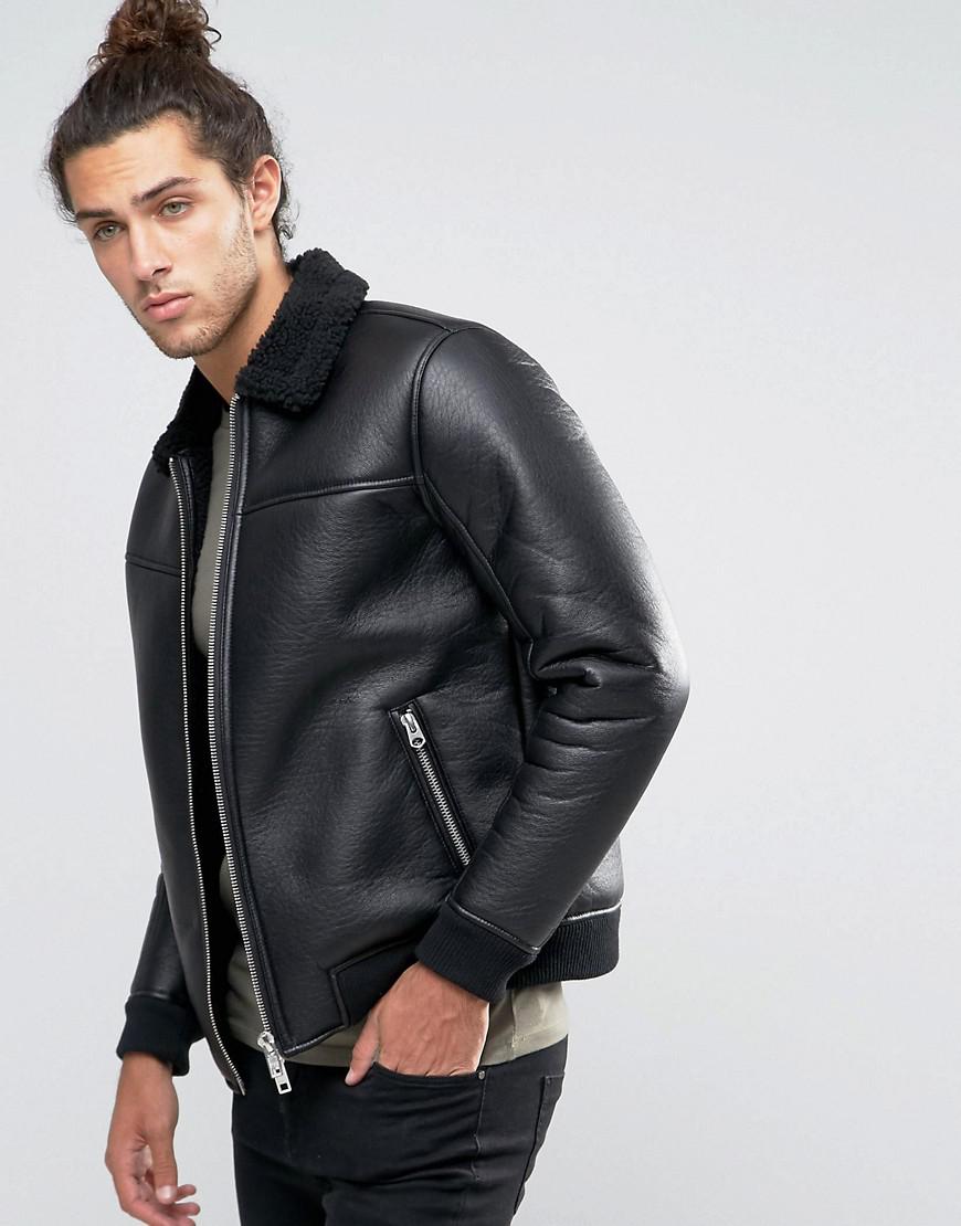 borg collar leather jacket