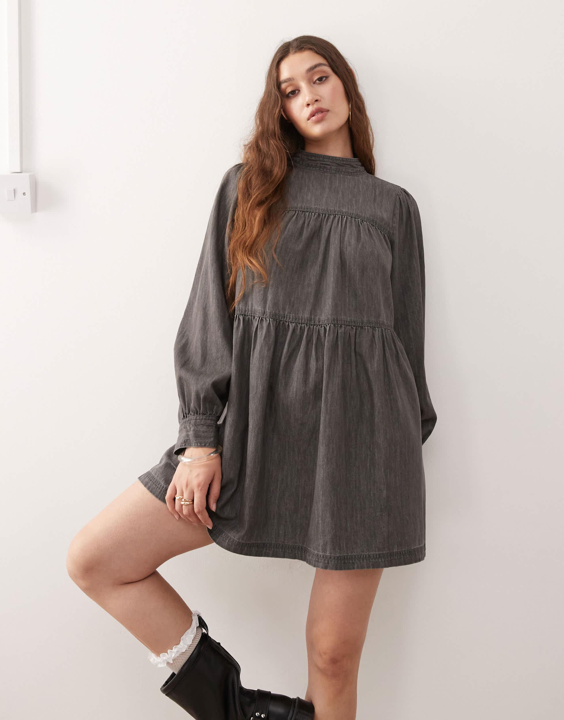 Miss Selfridge Long Sleeve High Neck Dress in Gray | Lyst