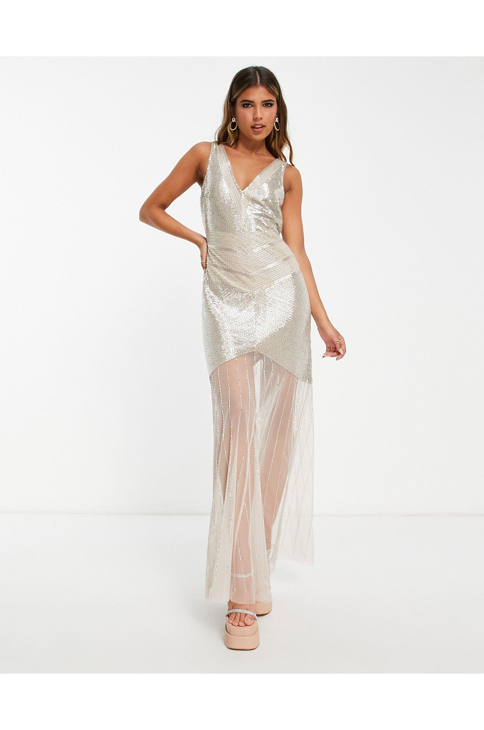 Miss Selfridge Premium Embellished Sheer Bottom Maxi Dress in White | Lyst