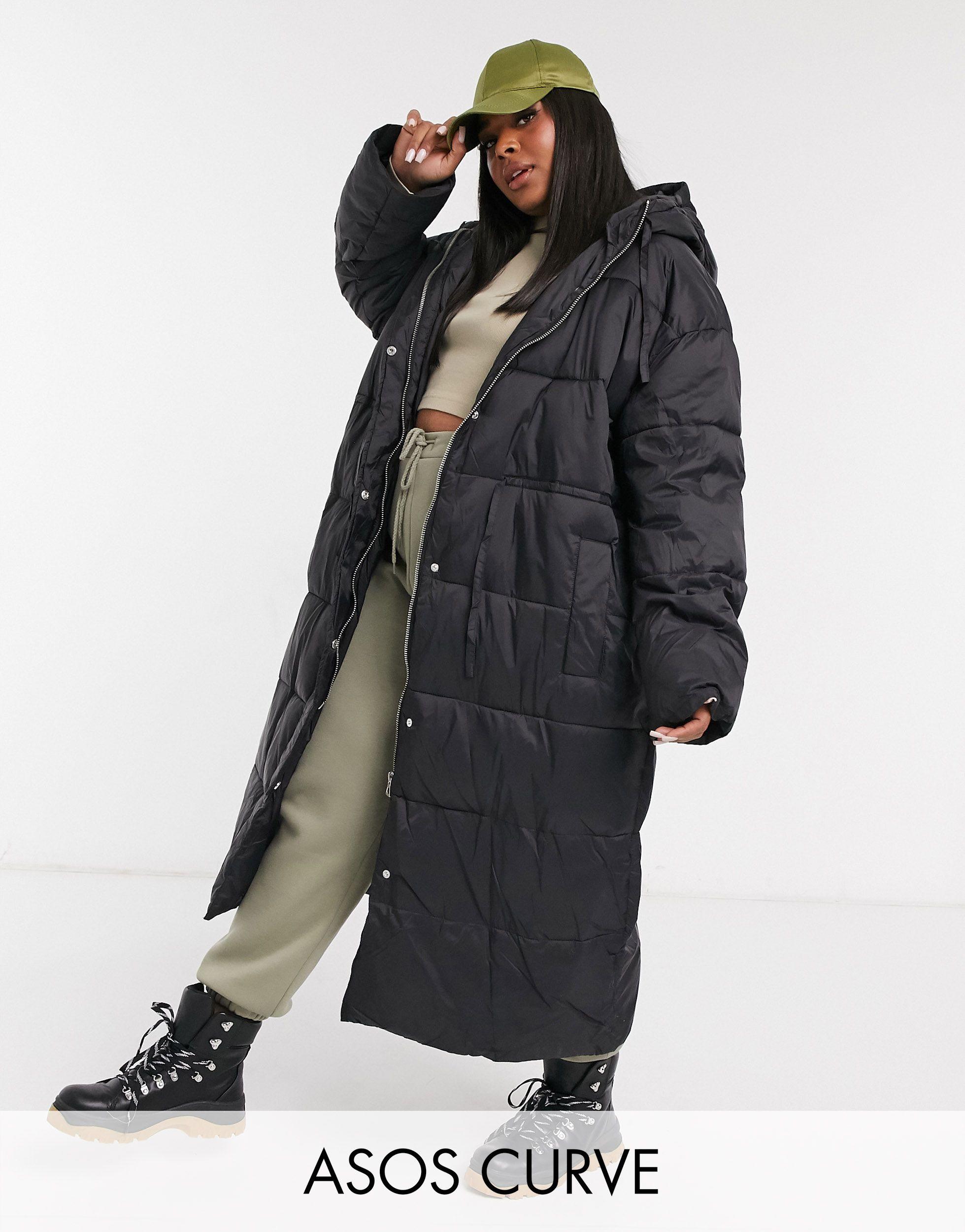 ASOS Asos Design Curve Tie Waist Longline Puffer Coat in Black - Lyst