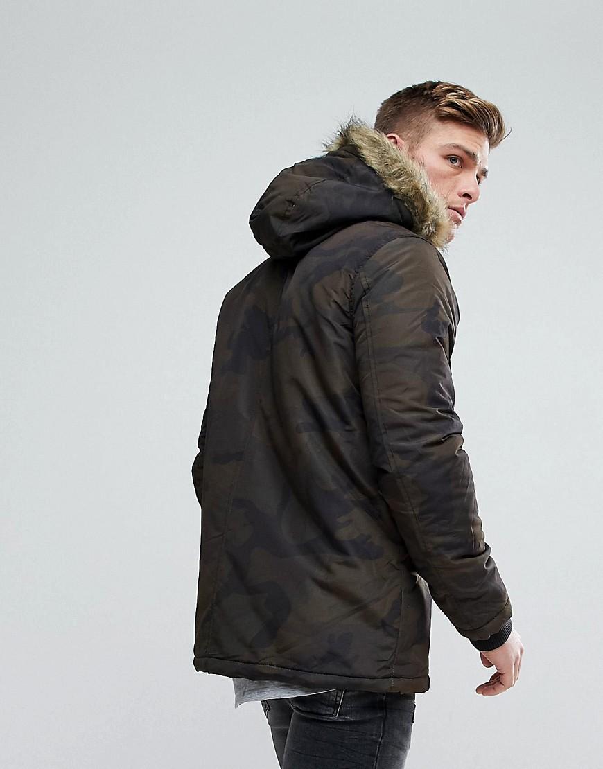 Parka Jacket With Camo Faux Fur Trim Hood Brave Soul Parka Jacket With Faux Fur trim Hood in 2019