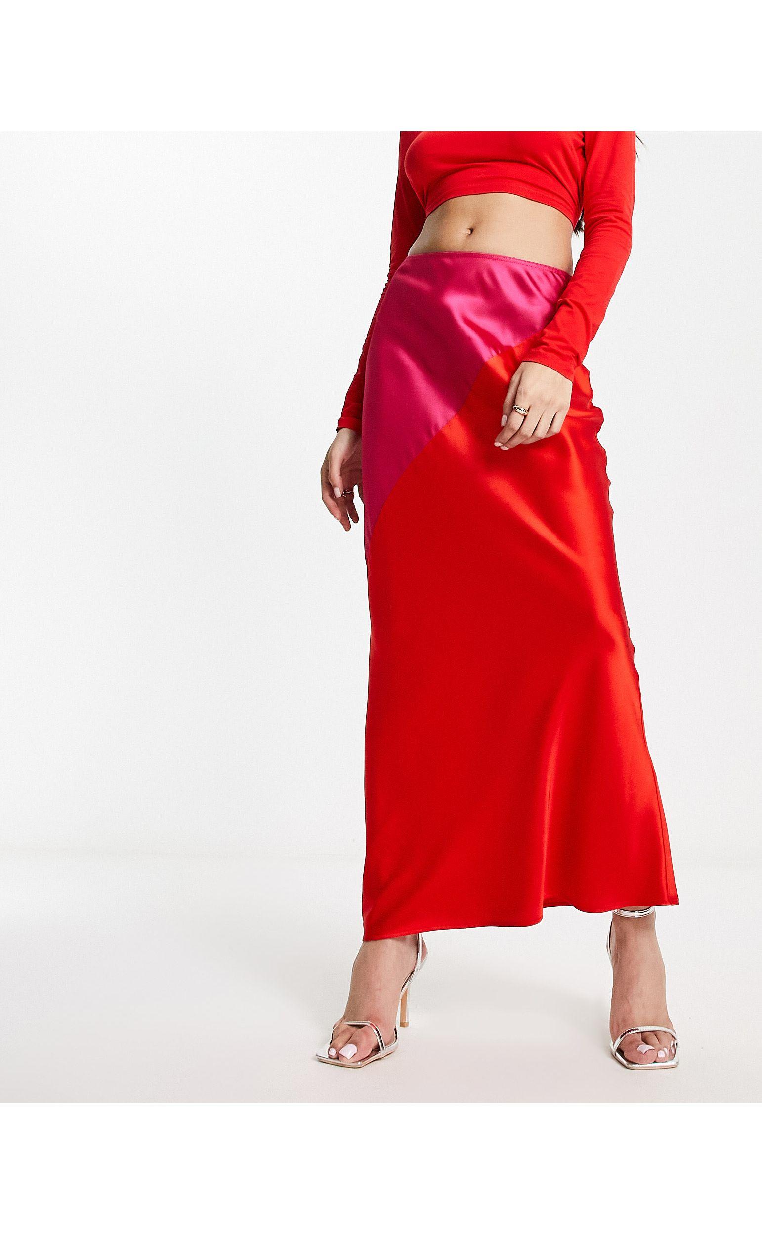 Never Fully Dressed Contrast Satin Midi Skirt in Red | Lyst