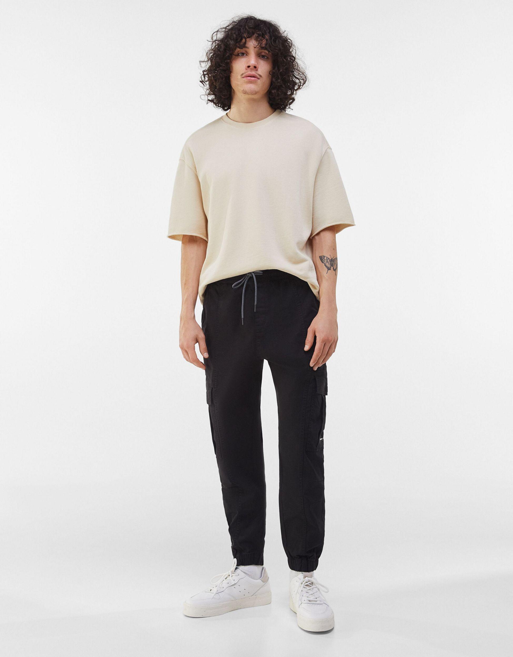 Bershka belted utility trouser shop in black