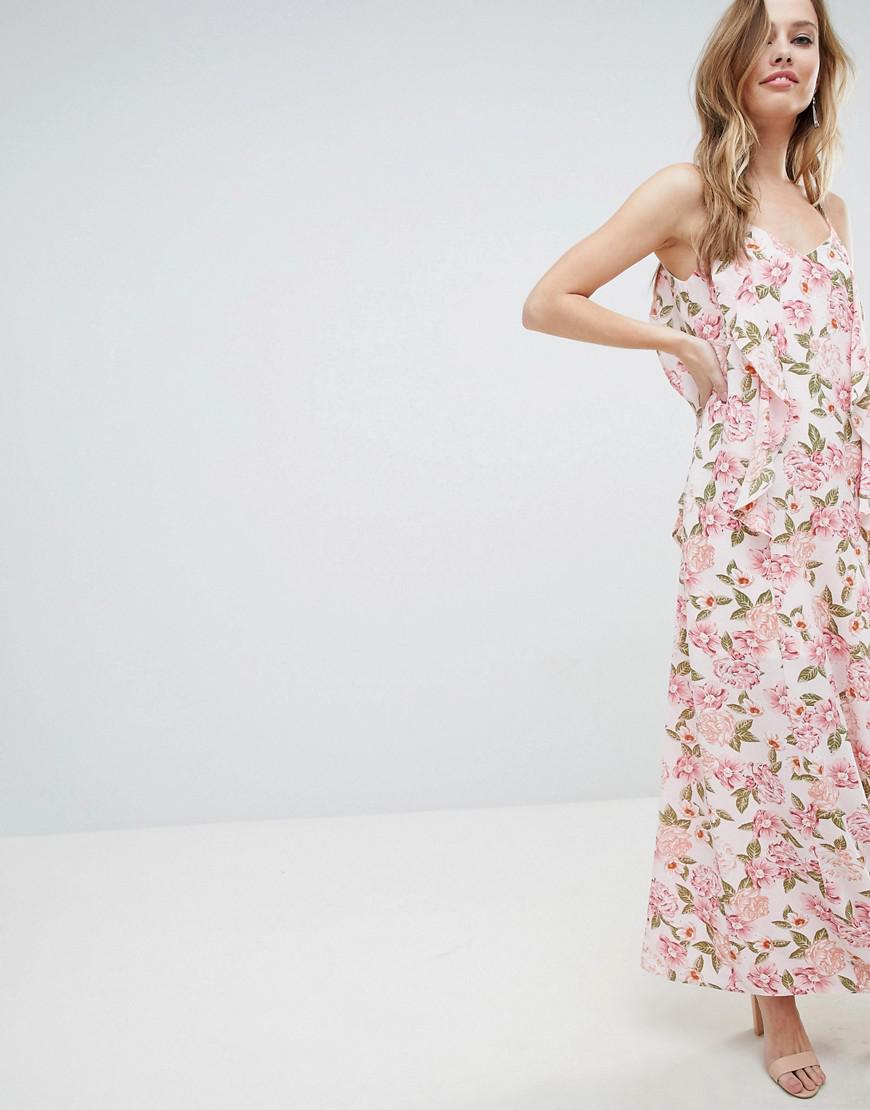 WOMENS LADIES SLEEVELESS STRETCH FLORAL PRINT FRILL DETAIL CAMI LONG MAXI DRESS