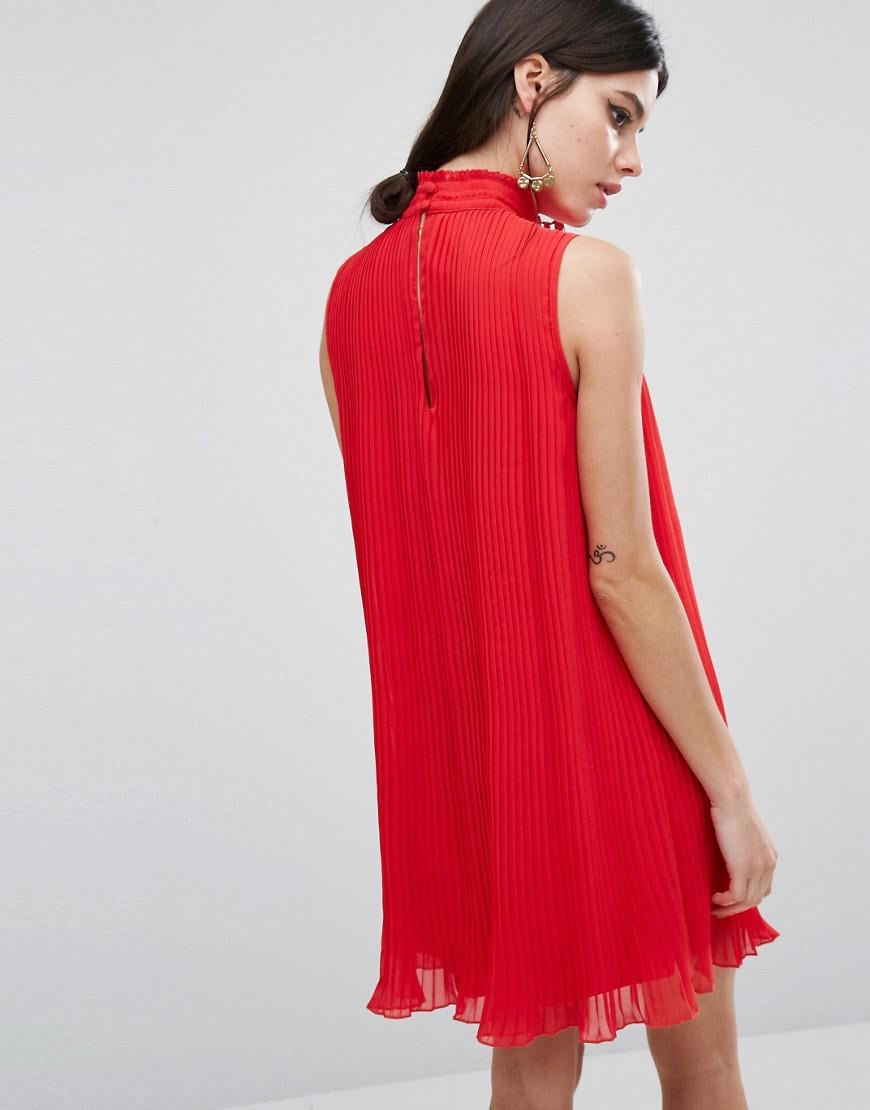 ASOS Sleeveless High Neck Pleated Swing Dress in Red | Lyst