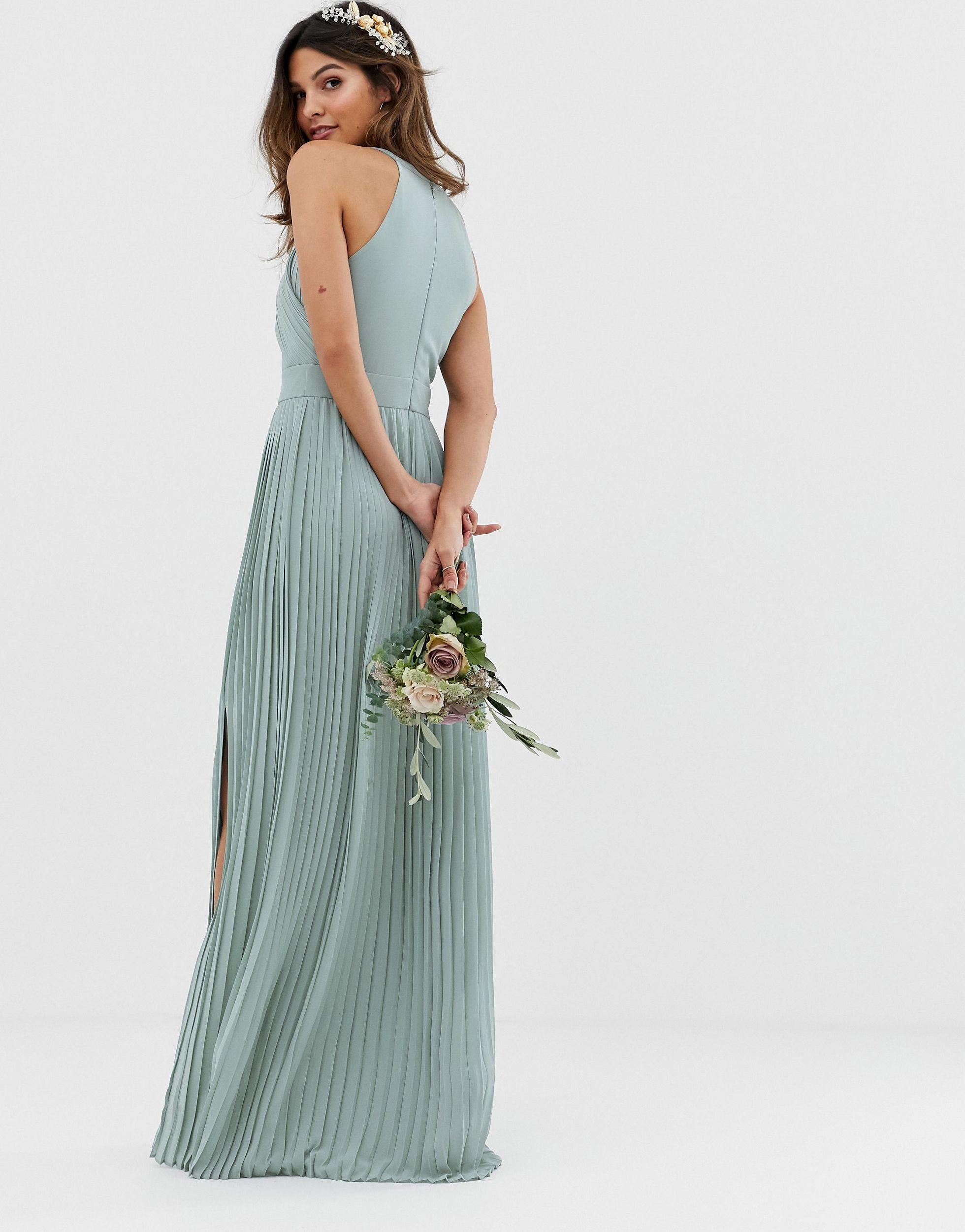 tfnc petite bridesmaid exclusive high neck pleated maxi dress in sage