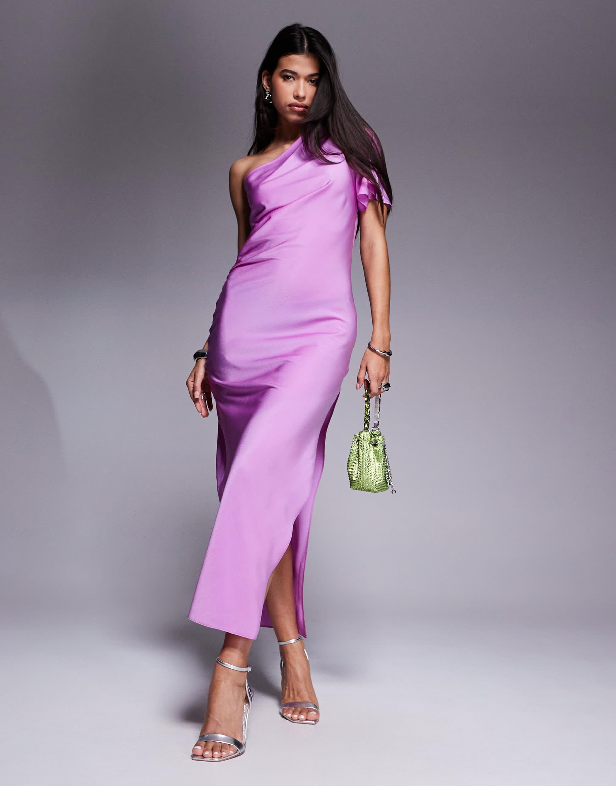 one shoulder flutter sleeve dress Graclyn Metallic One Shoulder Side Ruffle Dress