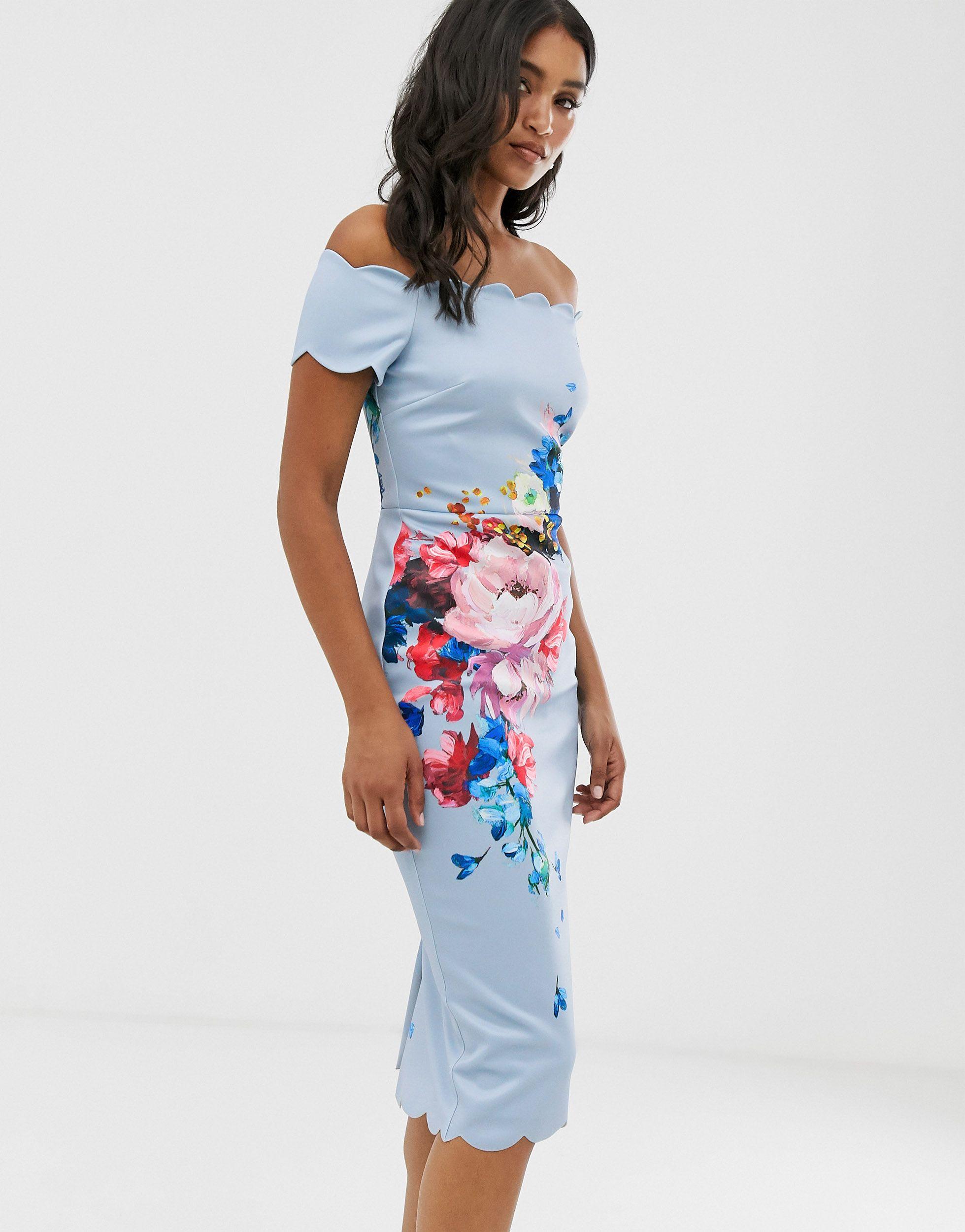 Ted Baker Raspberry Ripple Bardot Floral Off-the-shoulder Short-sleeve  Scallop Dress in Blue | Lyst Canada