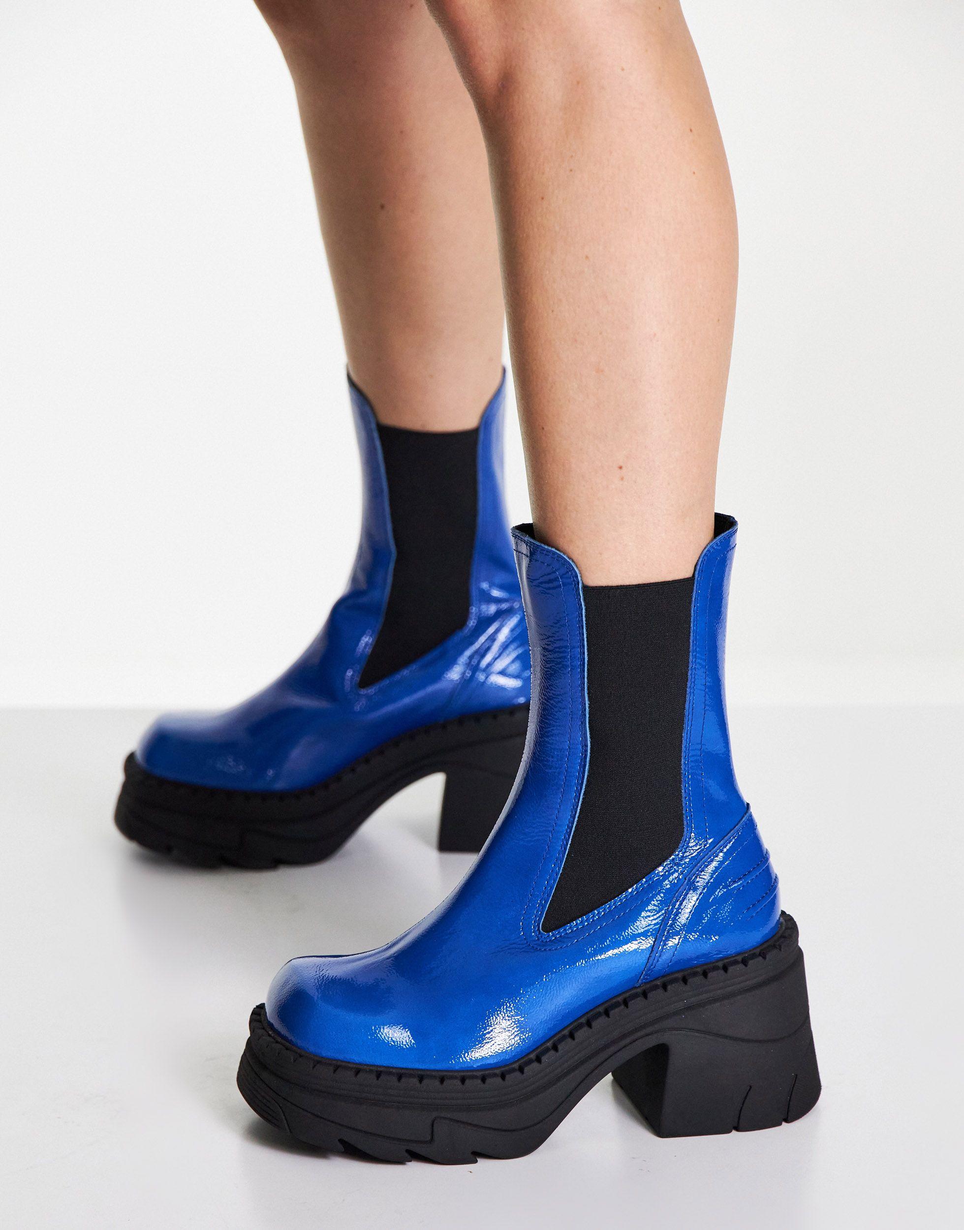 TOPSHOP Haiti Leather Chunky Heeled Chelsea Boots in Blue | Lyst
