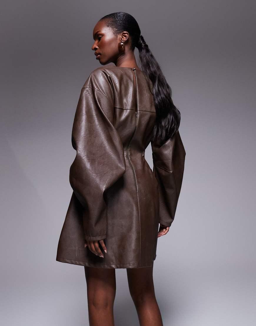 asos brown leather dress Structured Pu Cocoon Sleeve Seam Detail Mini in Faux leather midi dress