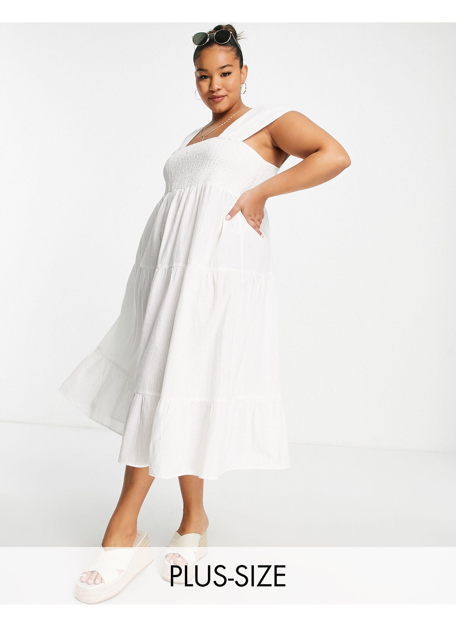 Vero Moda Curve Shirred Midi Dress in White | Lyst