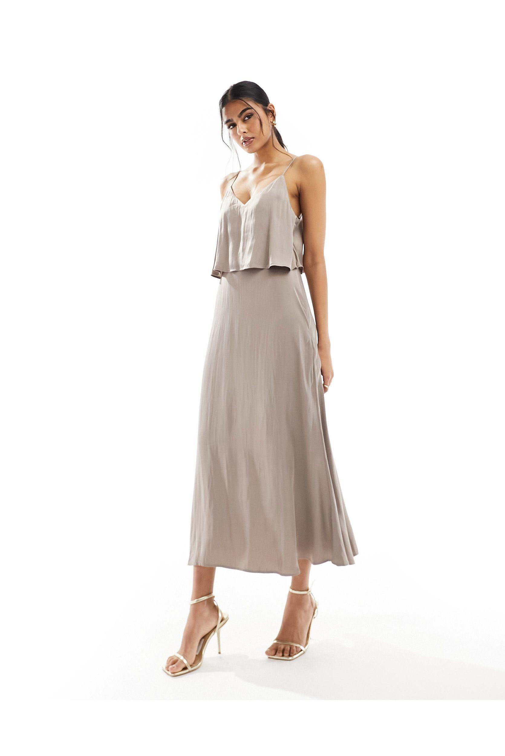 Vila Hammered Satin Cami Maxi Dress With Tiered Top in Natural