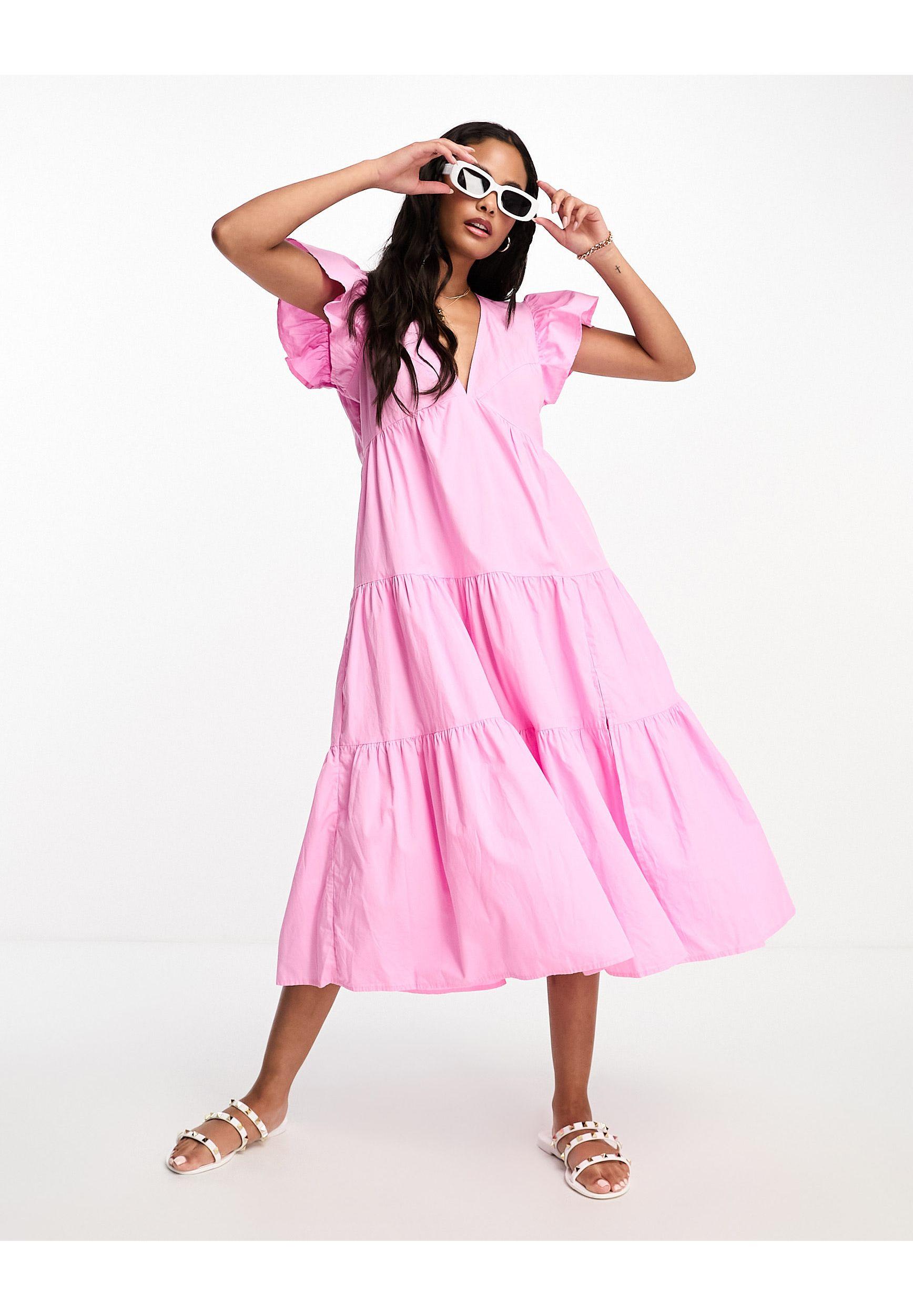 Vero Moda Frill Sleeve Midi Dress in Pink | Lyst