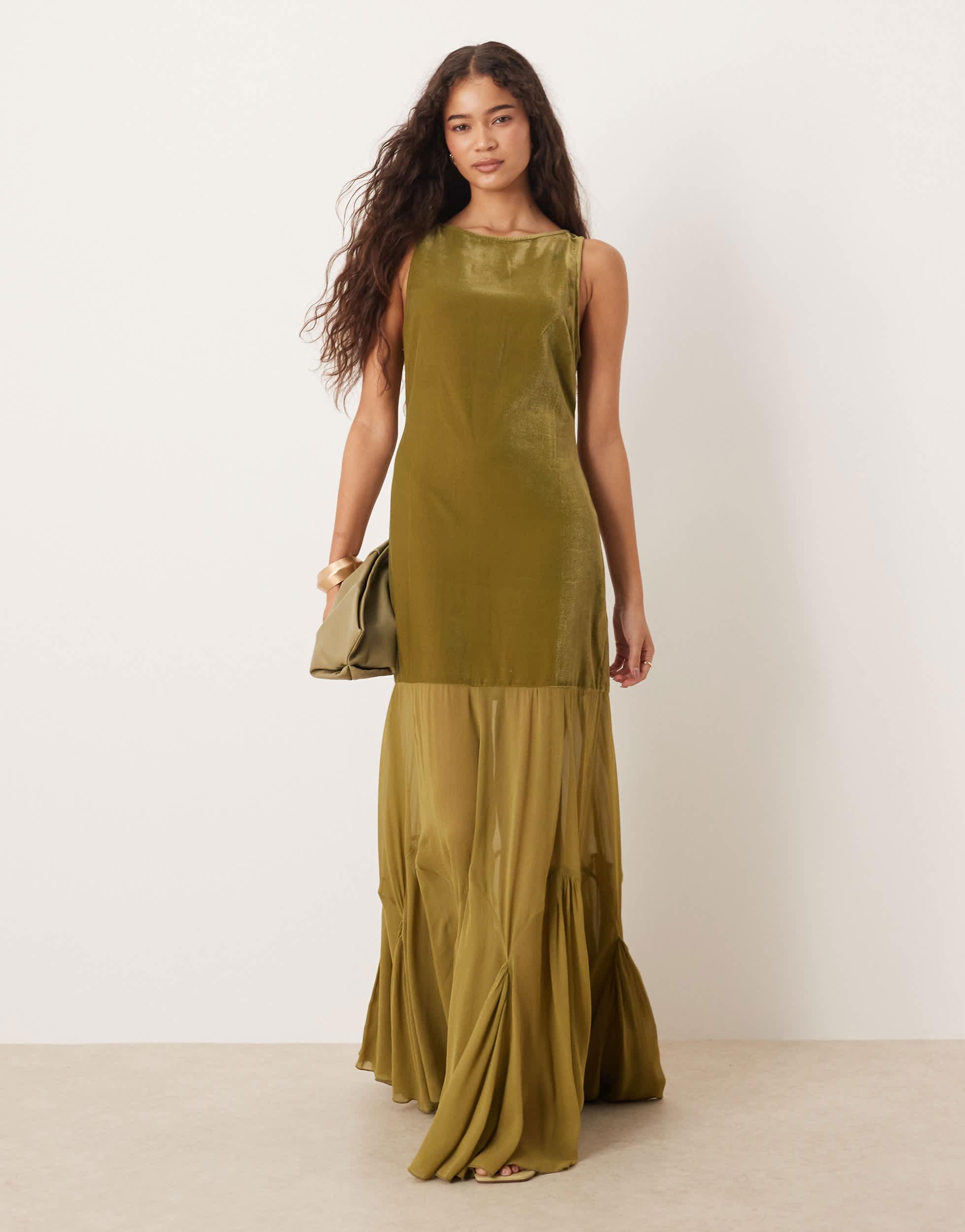 slim fit dress slacks Green Chiffon Selena Maxi Dress