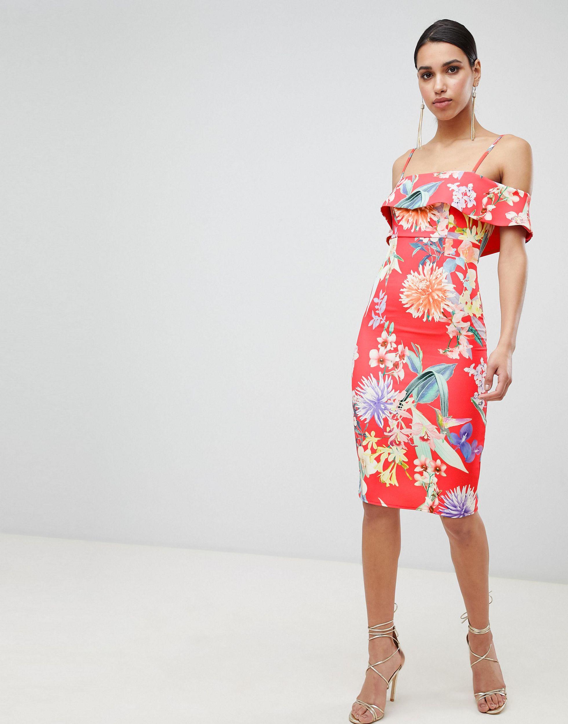 Lipsy Printed Bardot Bodycon Dress in Red - Lyst